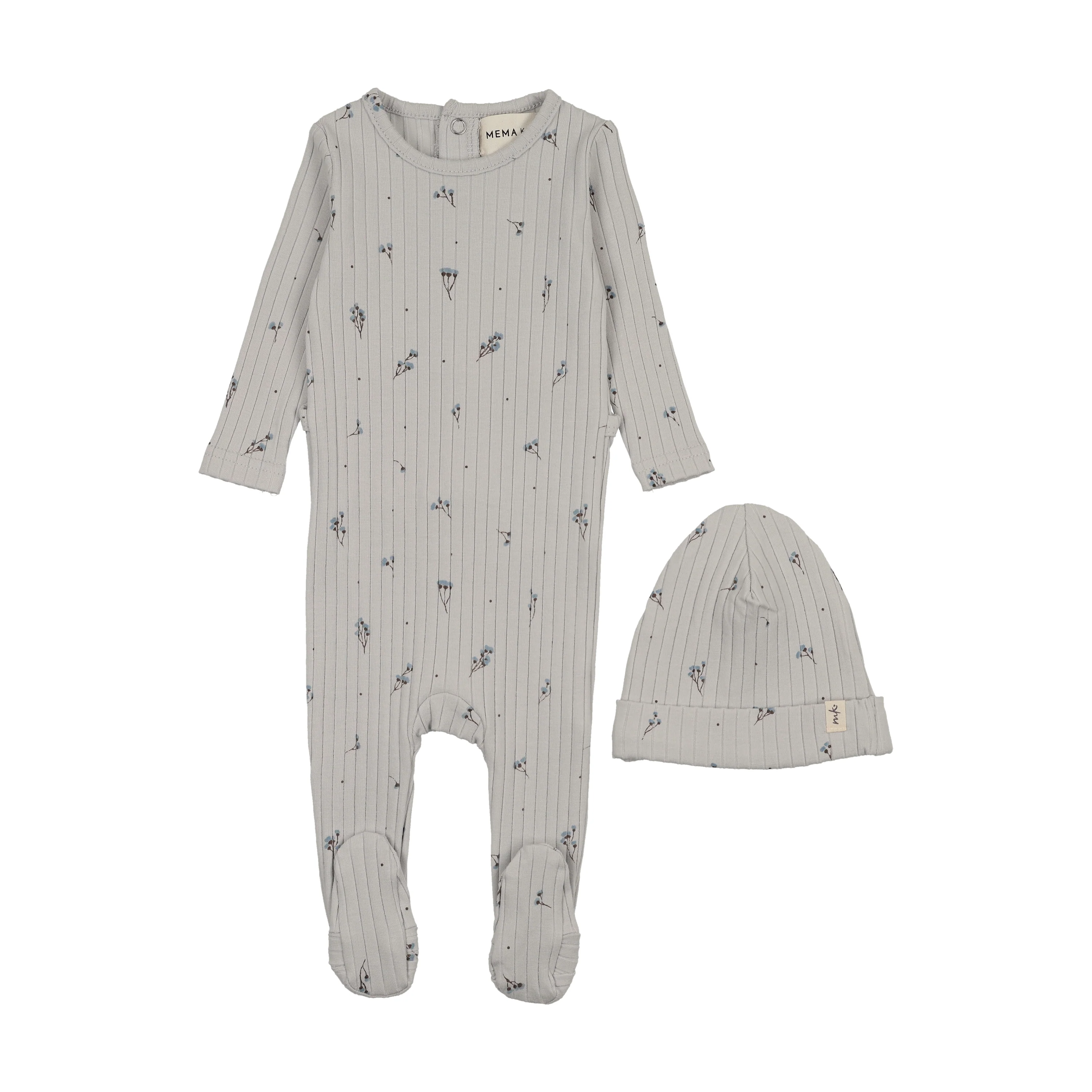 Mema Knits Rib Floral Print Footie + Beanie - Blue/Blue Floral