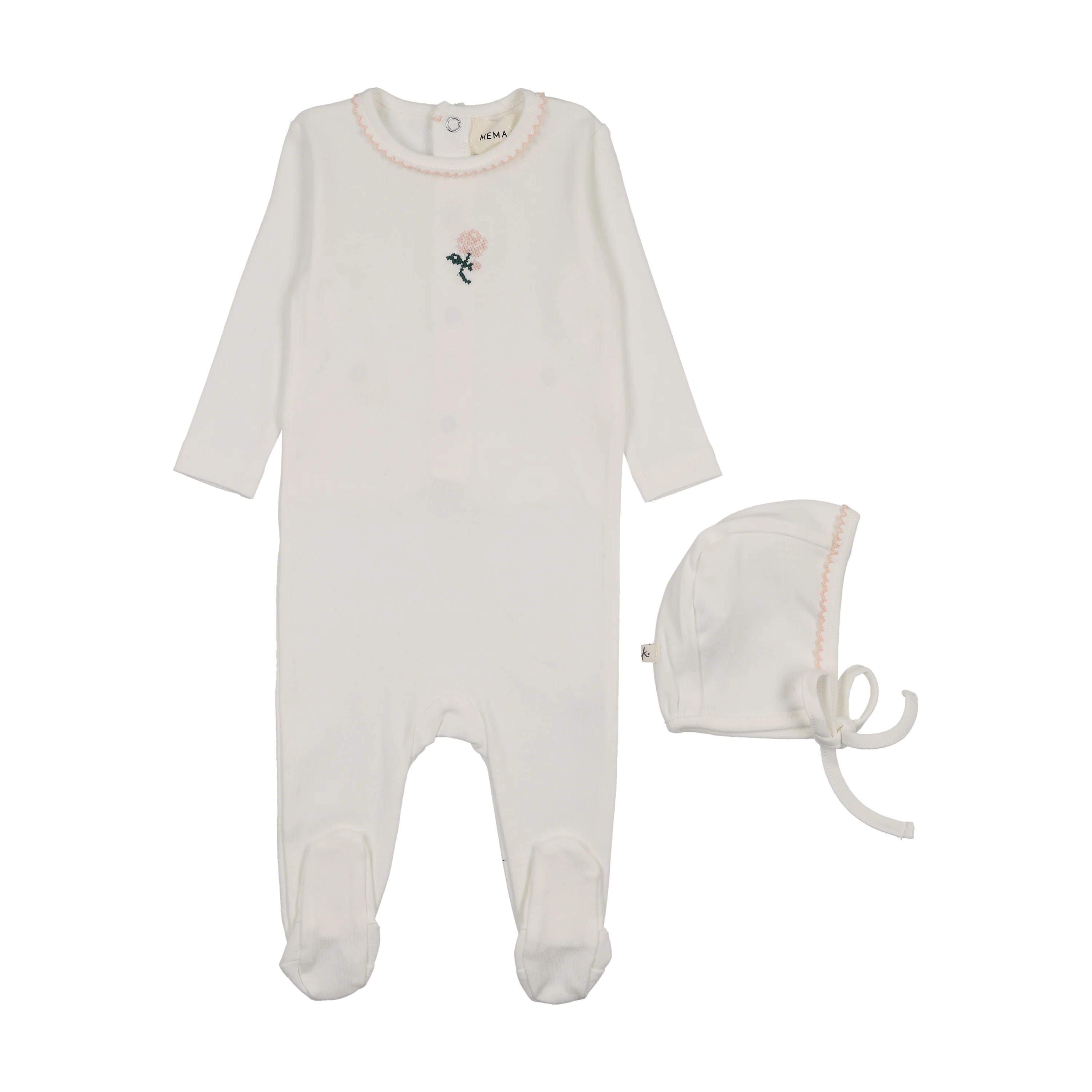 Mema Knits Embroidered Footie + Bonnet - Winter White / Pink Flower