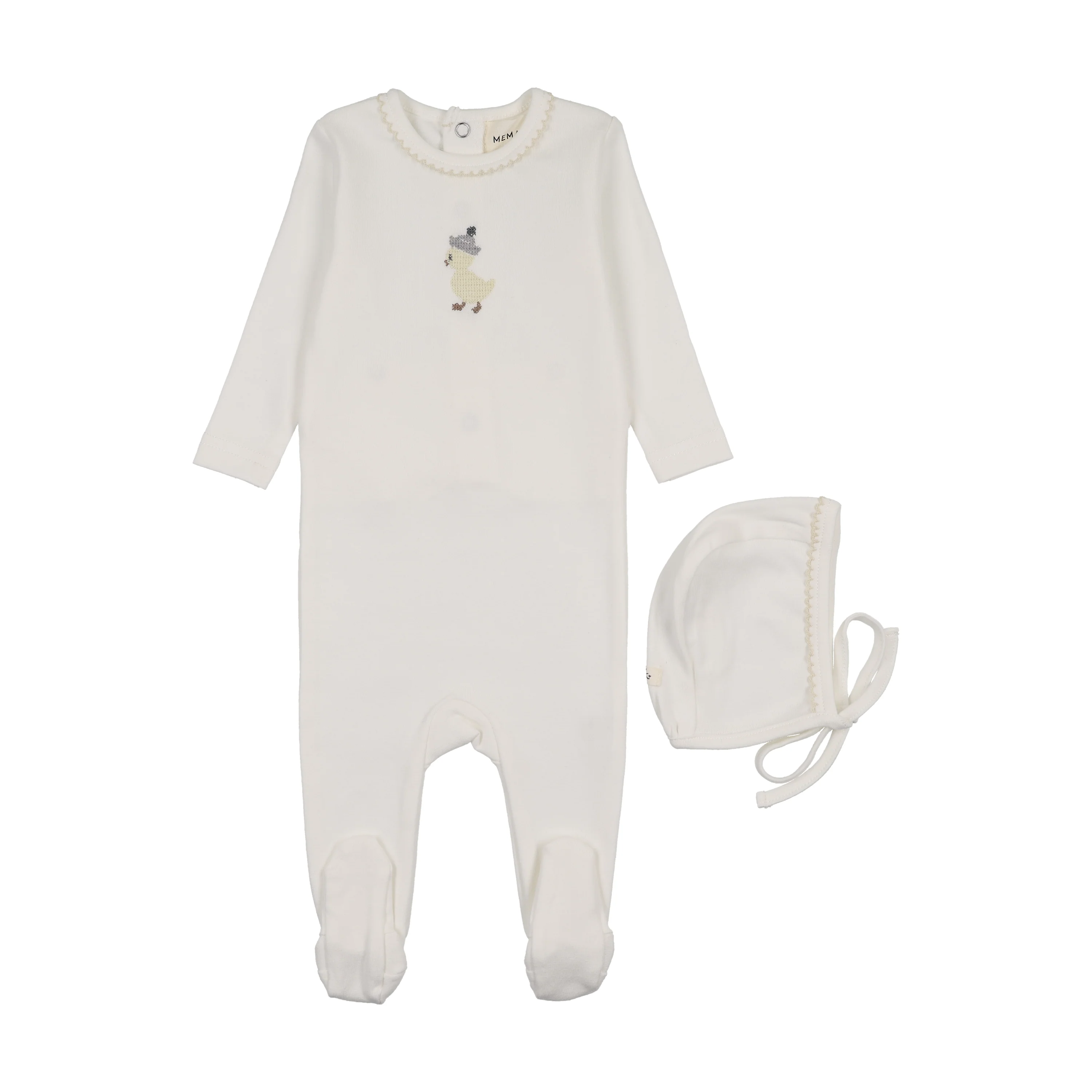 Mema Knits Embroidered Footie + Bonnet - Winter White / Yellow Duck