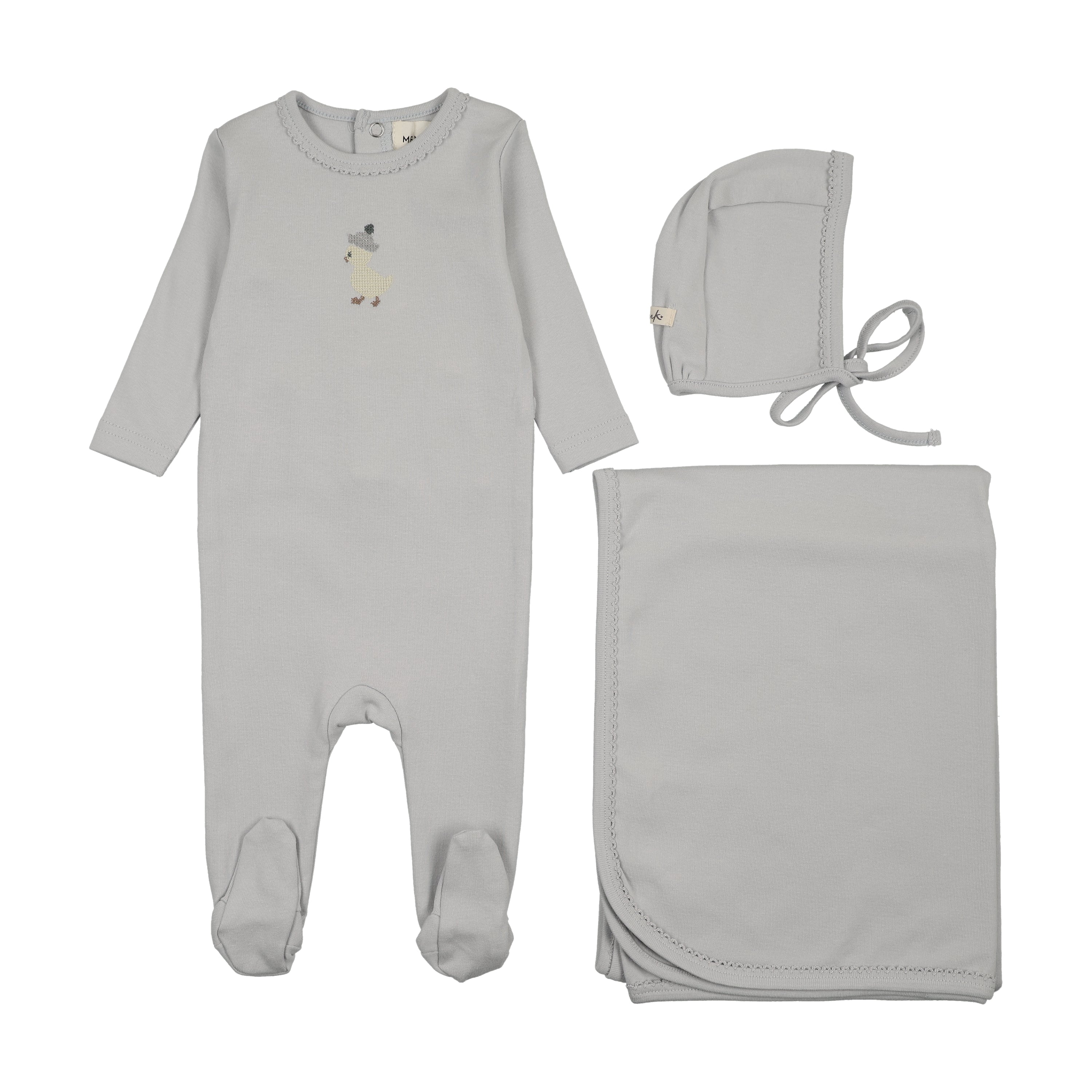Mema Knits Embroidered Footie Three Piece Set - Gray Dawn / Yellow Duck