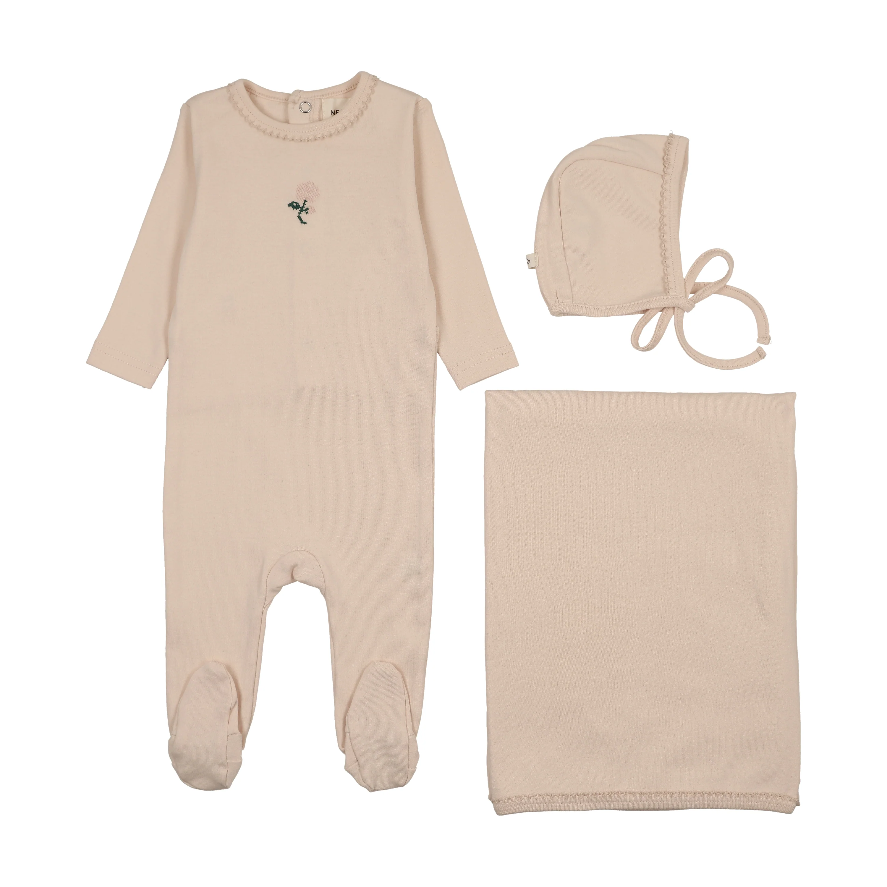 Mema Knits Embroidered Footie Three Piece Set - Light Pink / Pale Pink Flower