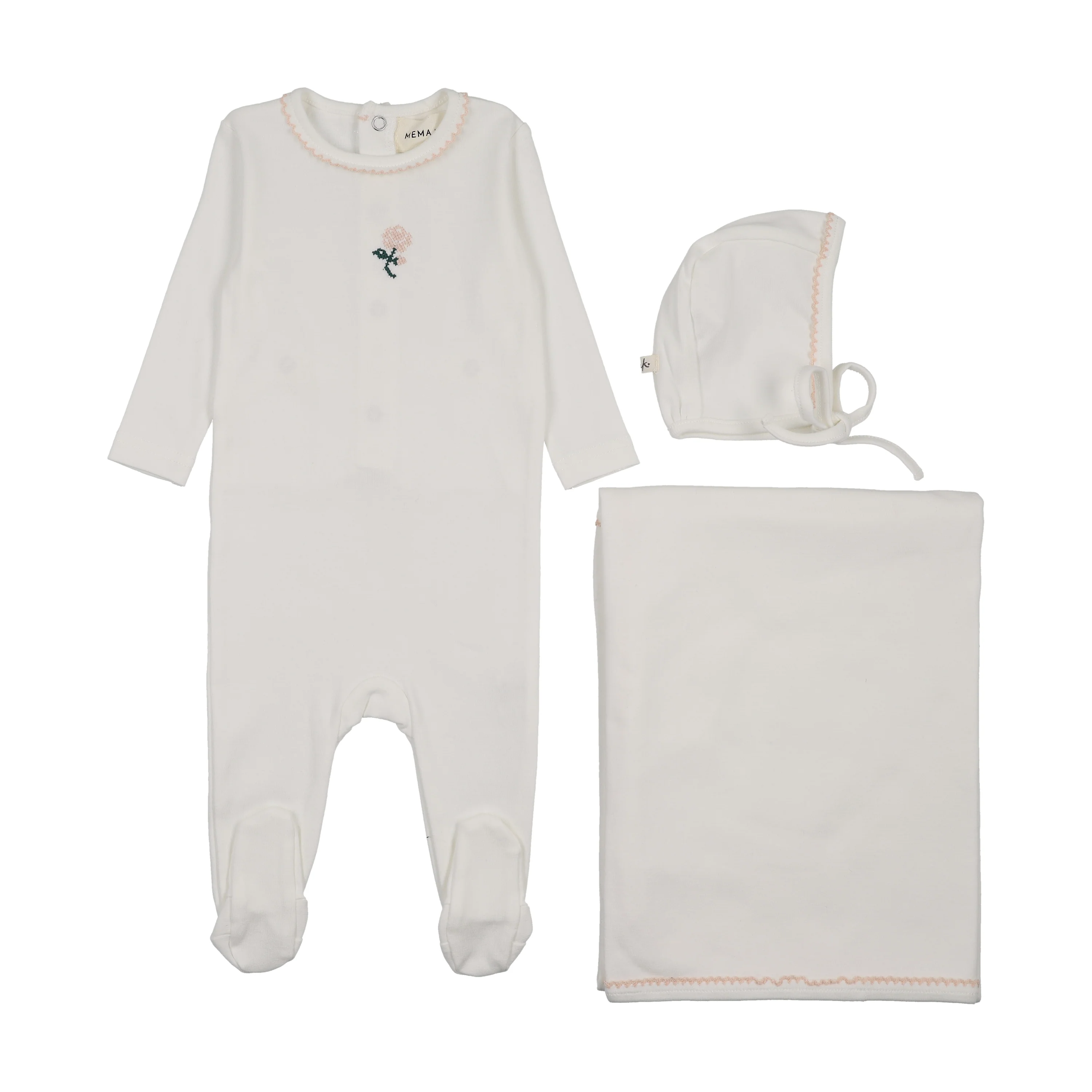 Mema Knits Embroidered Footie Three Piece Set - Winter White / Pink Flower