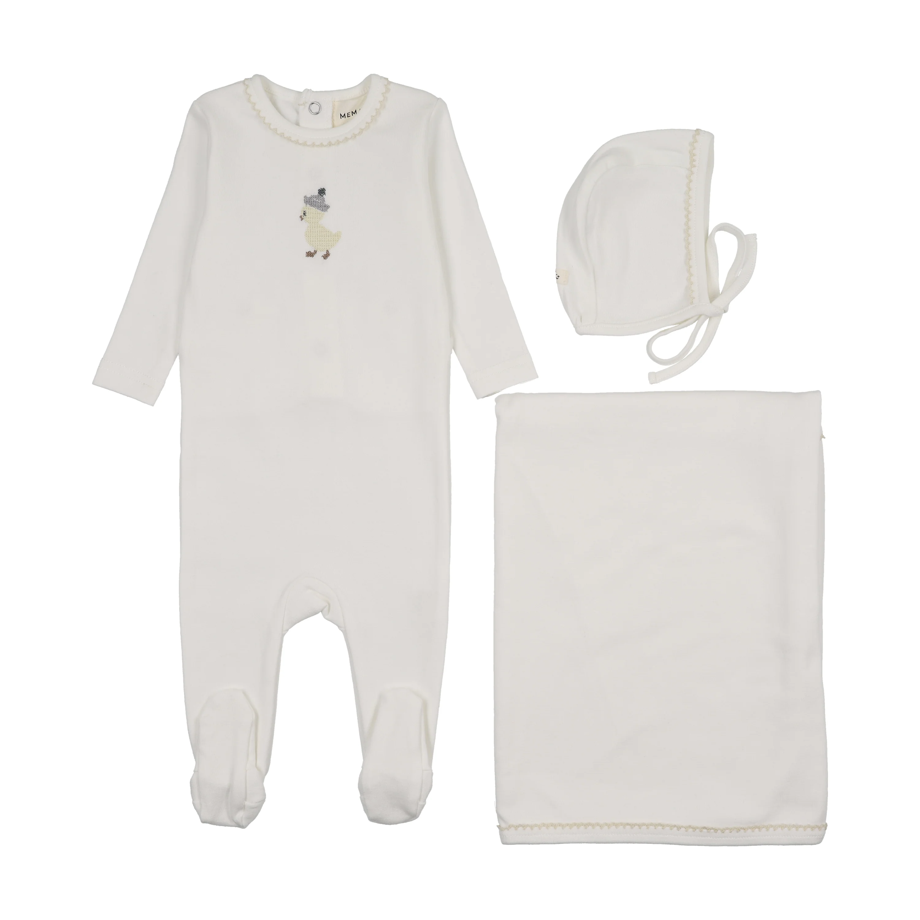 Mema Knits Embroidered Footie Three Piece Set - Winter White / Yellow Duck