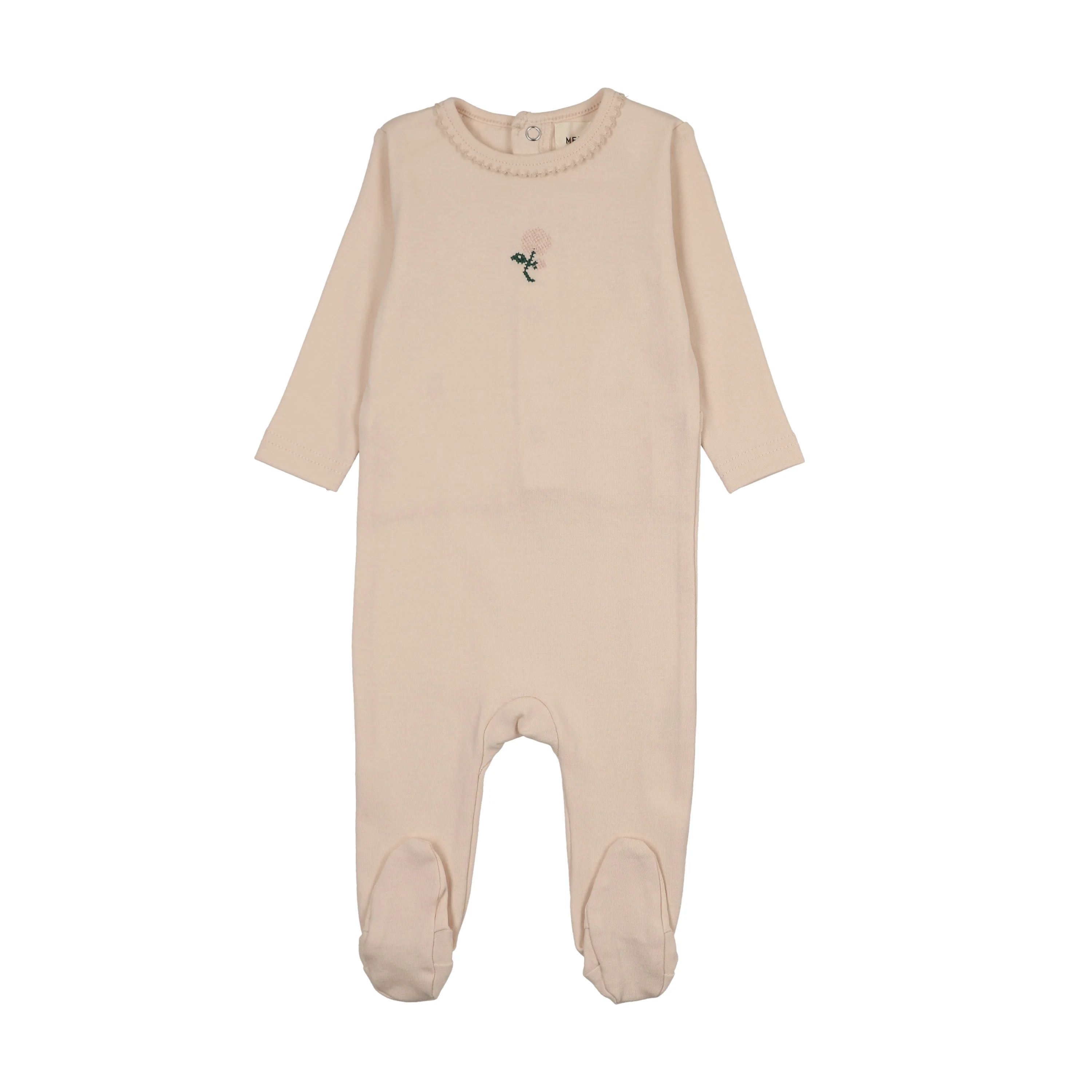 Mema Knits Embroidered Footie - Light Pink / Pale Pink Flower