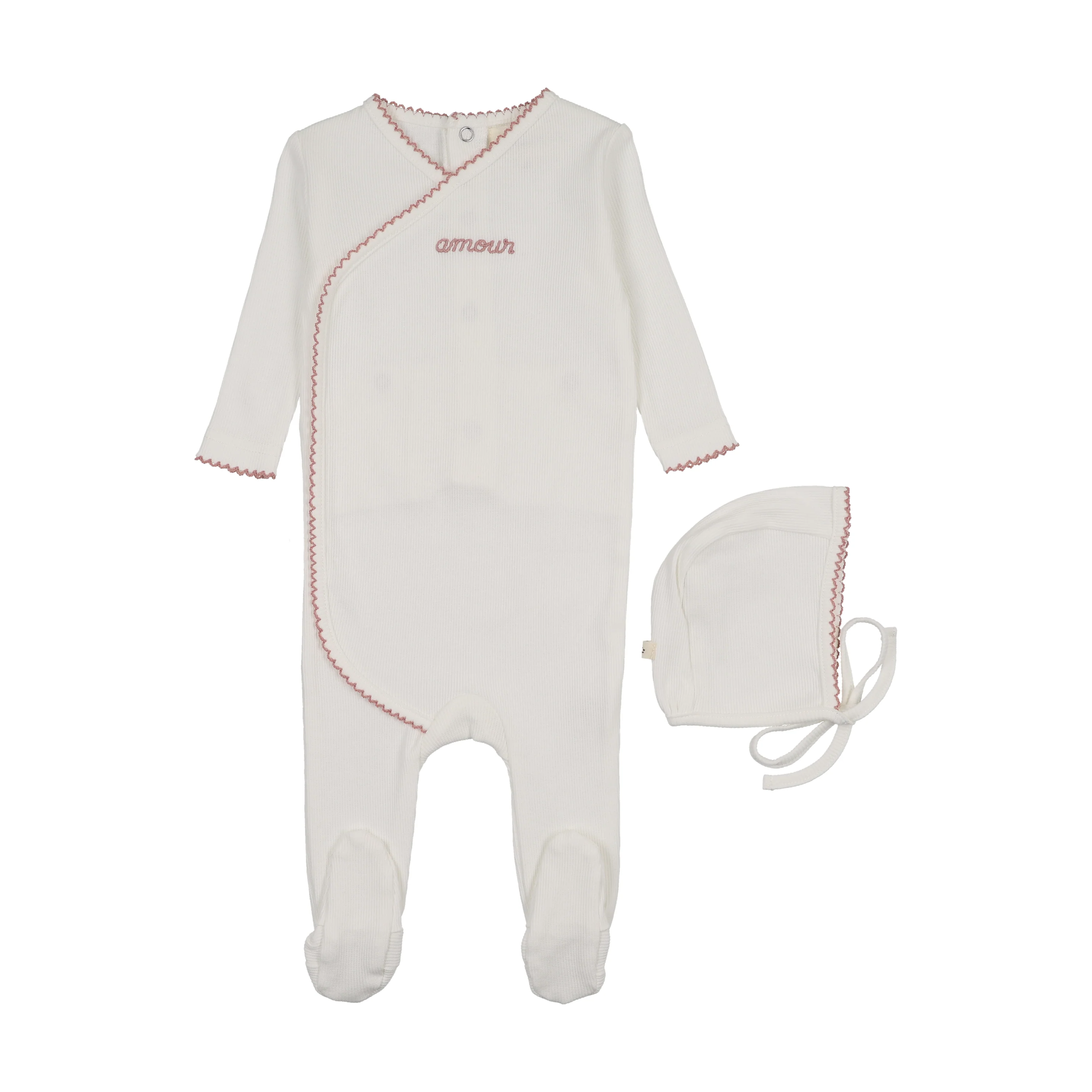 Mema Knits Amour Embroidered Footie + Bonnet - Winter White / Mauve Embroidery
