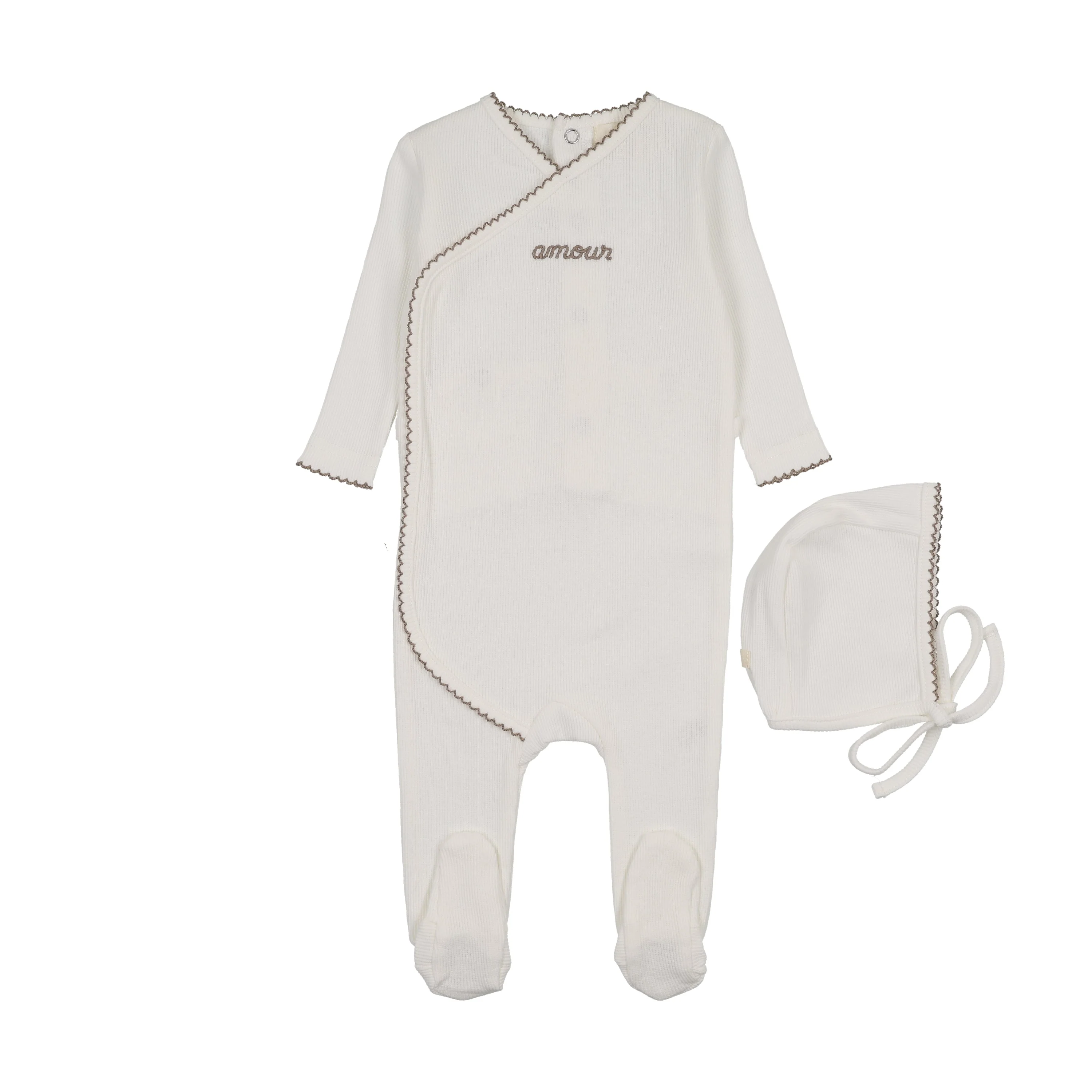 Mema Knits Amour Embroidered Footie + Bonnet - Winter White / Taupe Embroidery