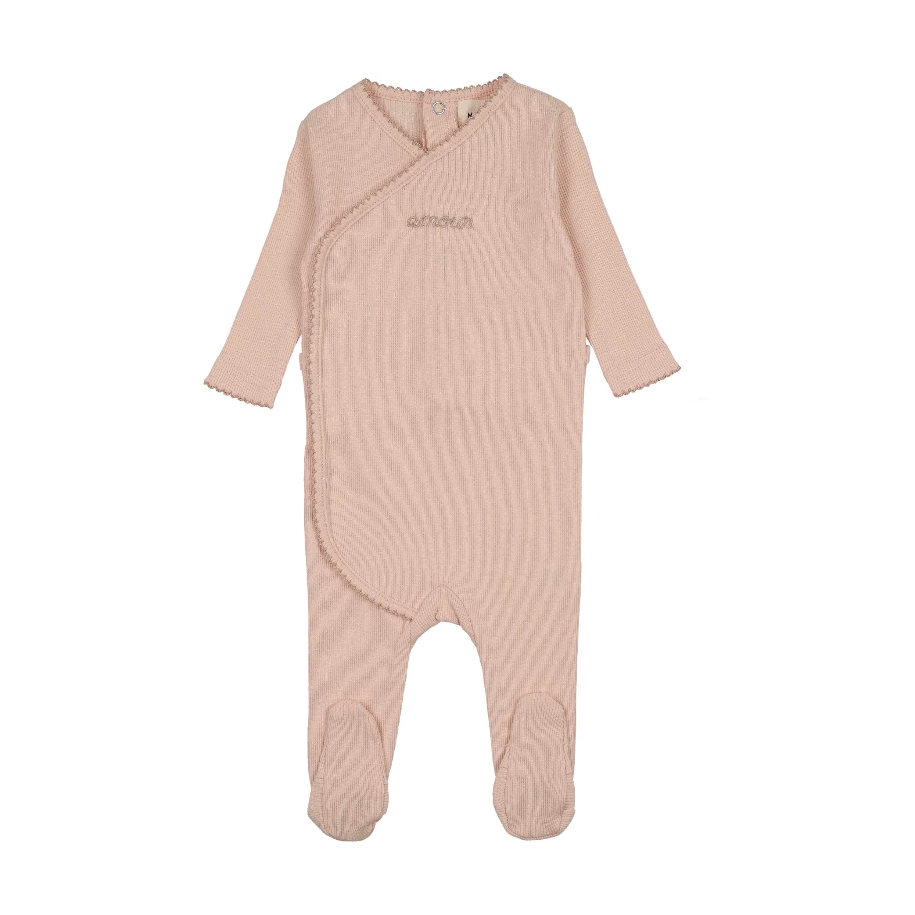 Mema Knits Amour Embroidered Footie - Rose / Pale Pink Embroidery