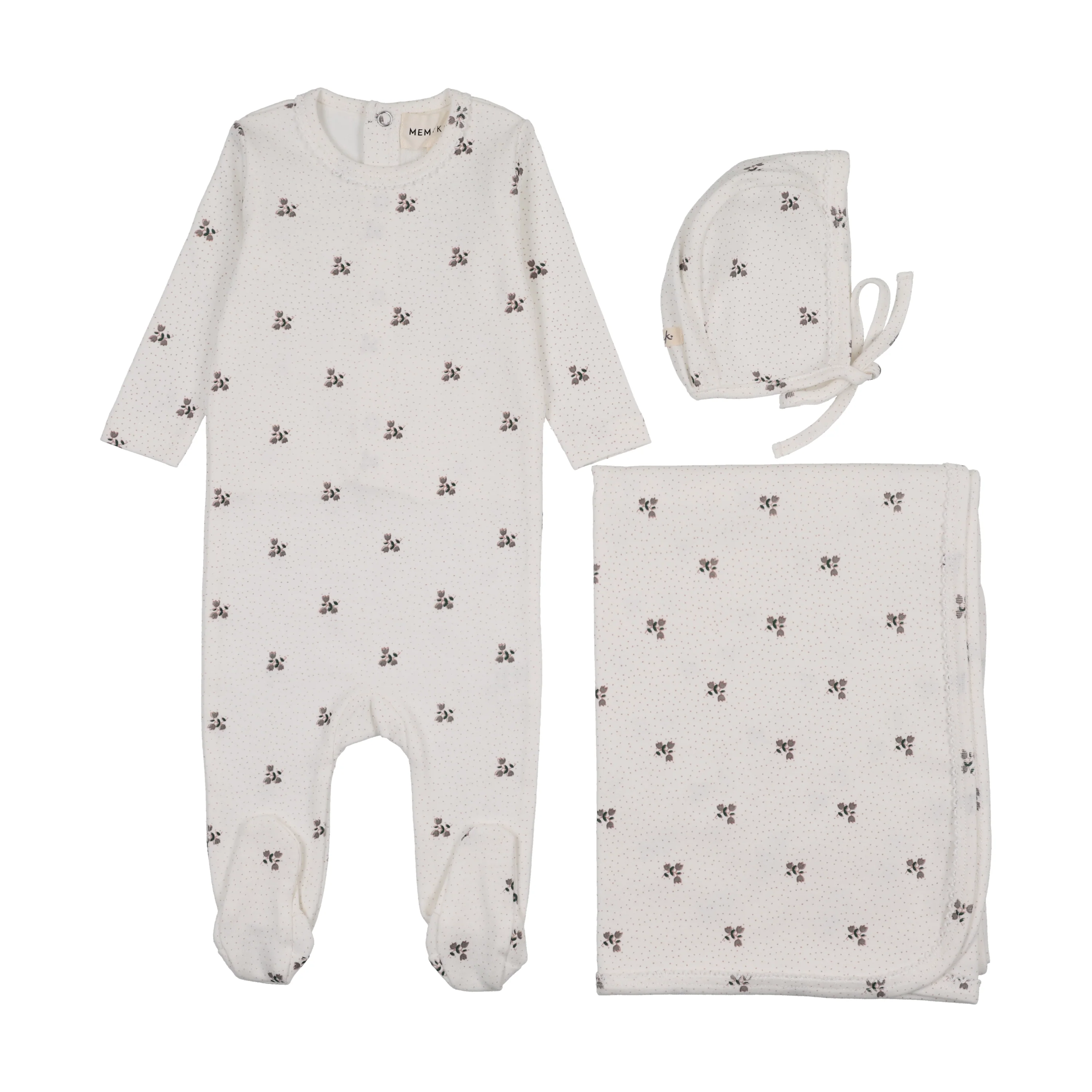 Mema Knits Printed Snap Back Footie Three Piece Set - Blue Floral Print