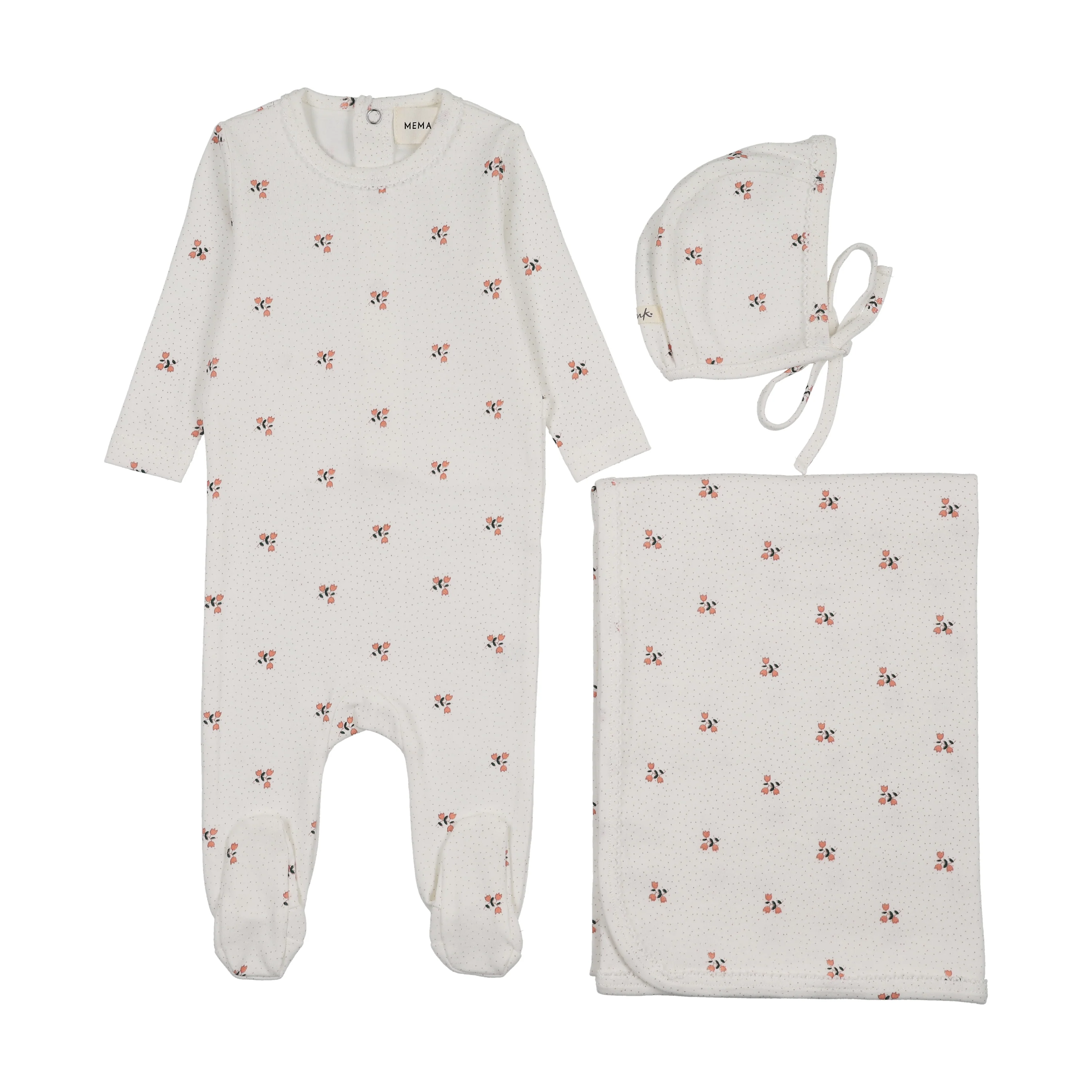 Mema Knits Printed Snap Back Footie Three Piece Set - Coral Floral Print