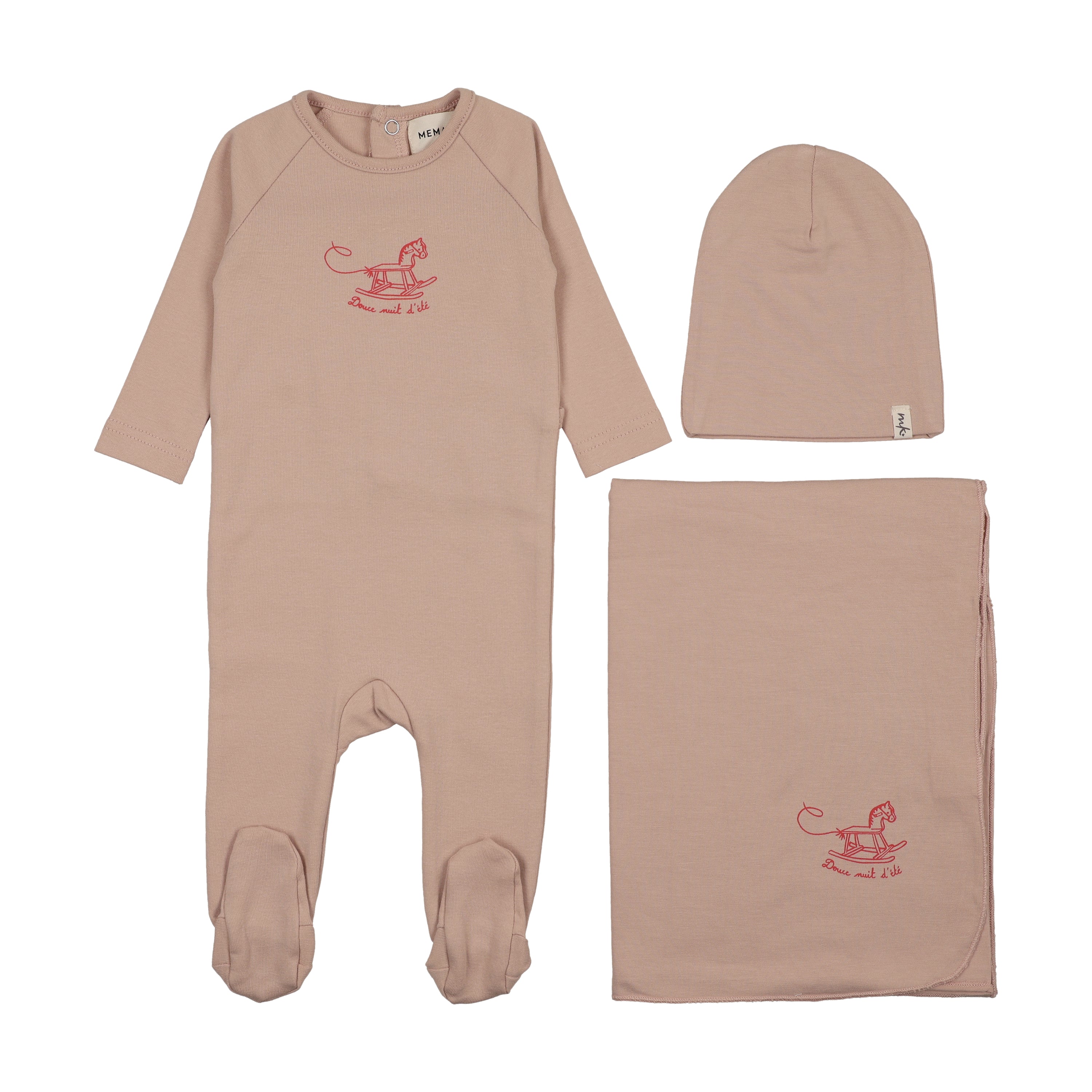 Mema Knits Horse Rocker Footie Three Piece Set - Pale Pink