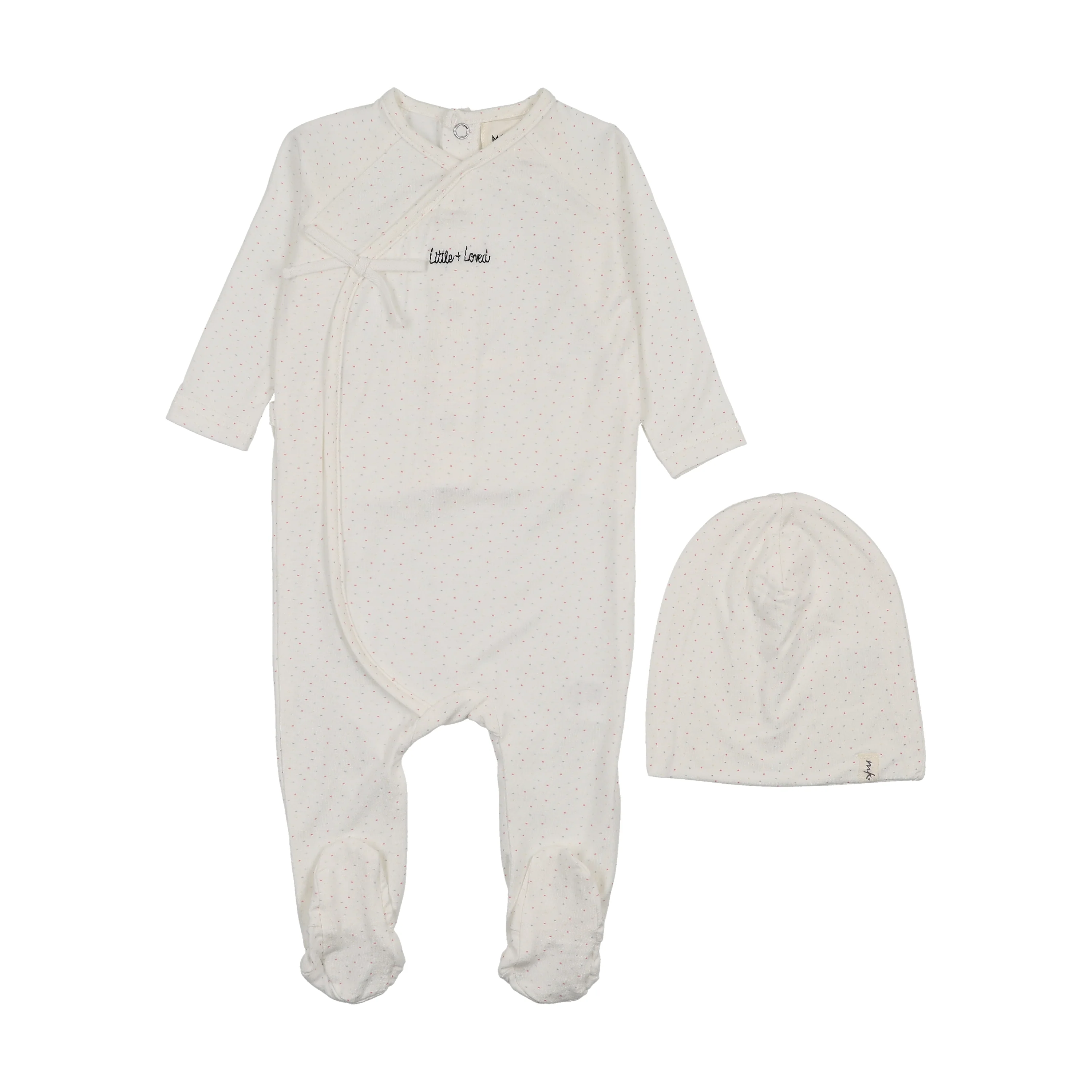 Mema Knits Mock Wrap Polka Dot Footie + Beanie - White Colored Polka Dot Print