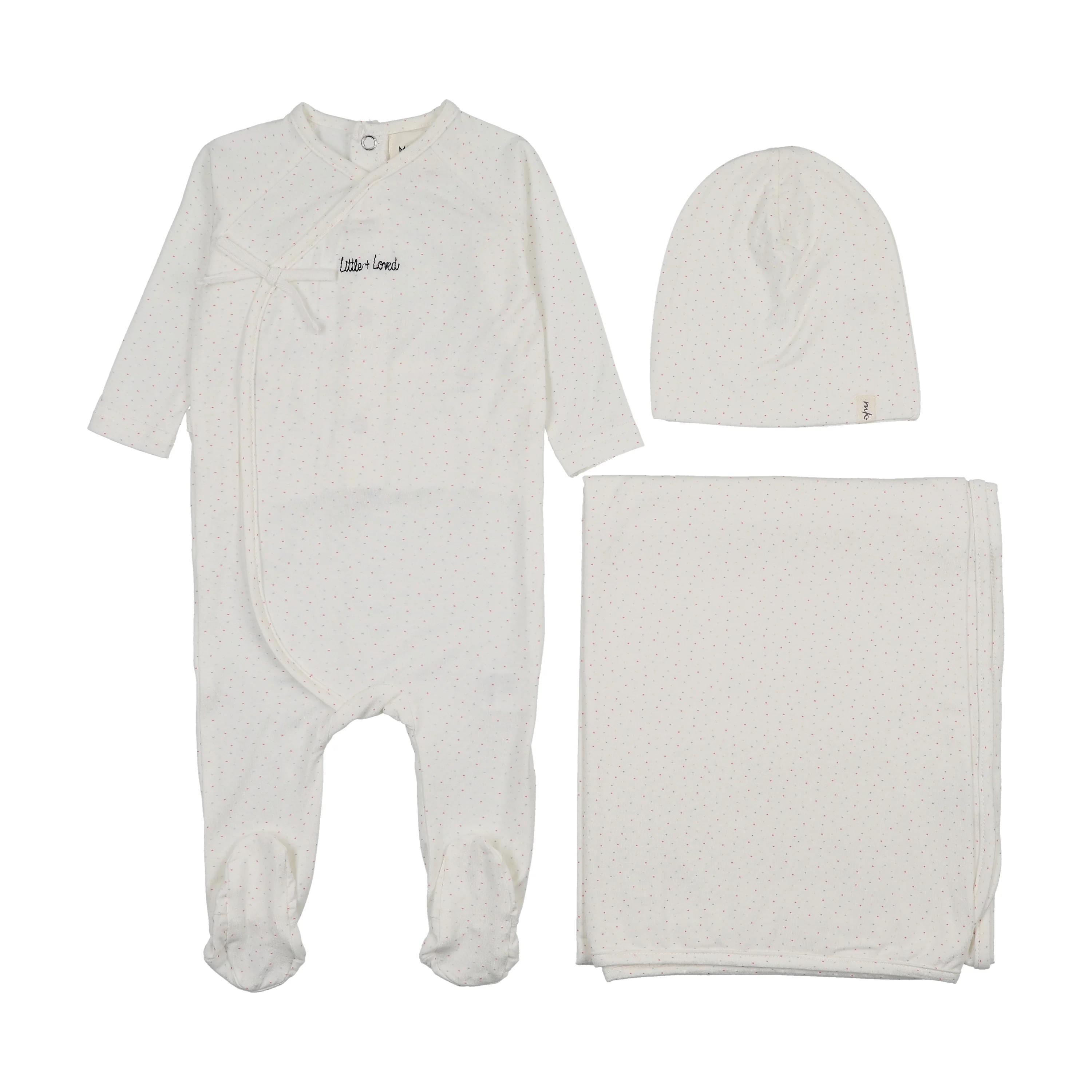 Mema Knits Mock Wrap Polka Dot Footie Three Piece Set - White Colored Polka Dot Print