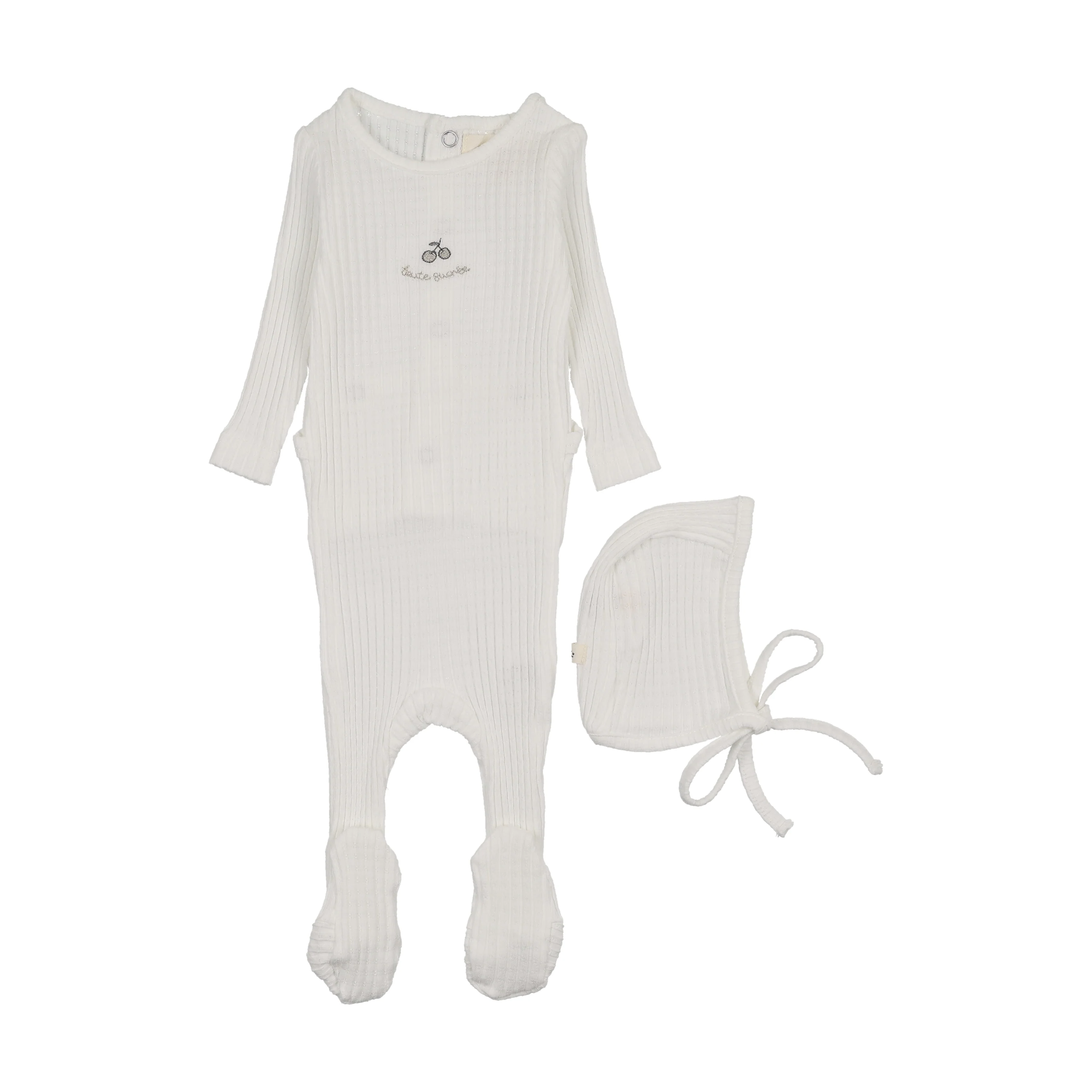 Mema Knits Embroidered Textured Footie + Bonnet - Winter White - Mink Embroidery