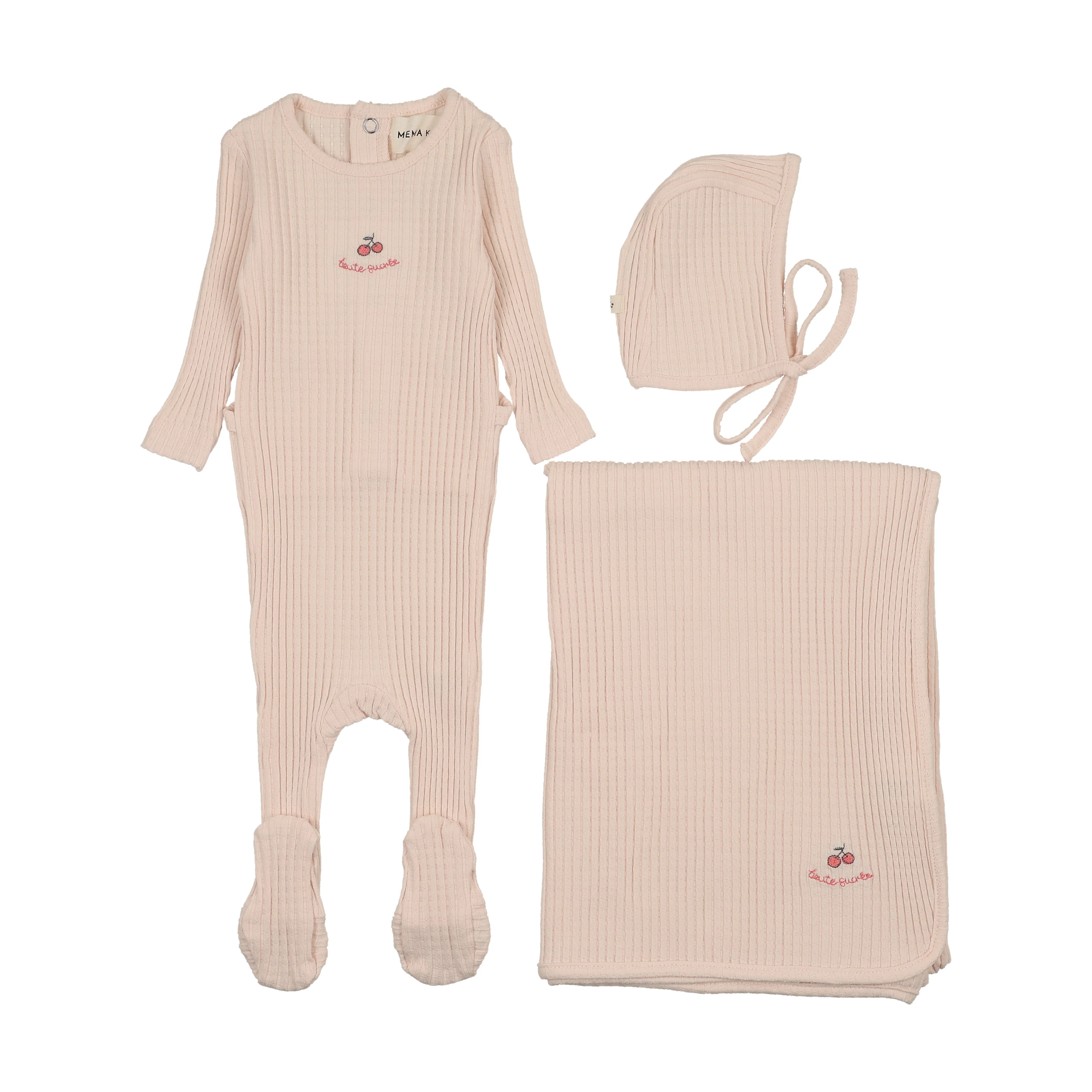 Mema Knits Embroidered Textured Footie Three Piece Set - Pink / Rose Embroidery