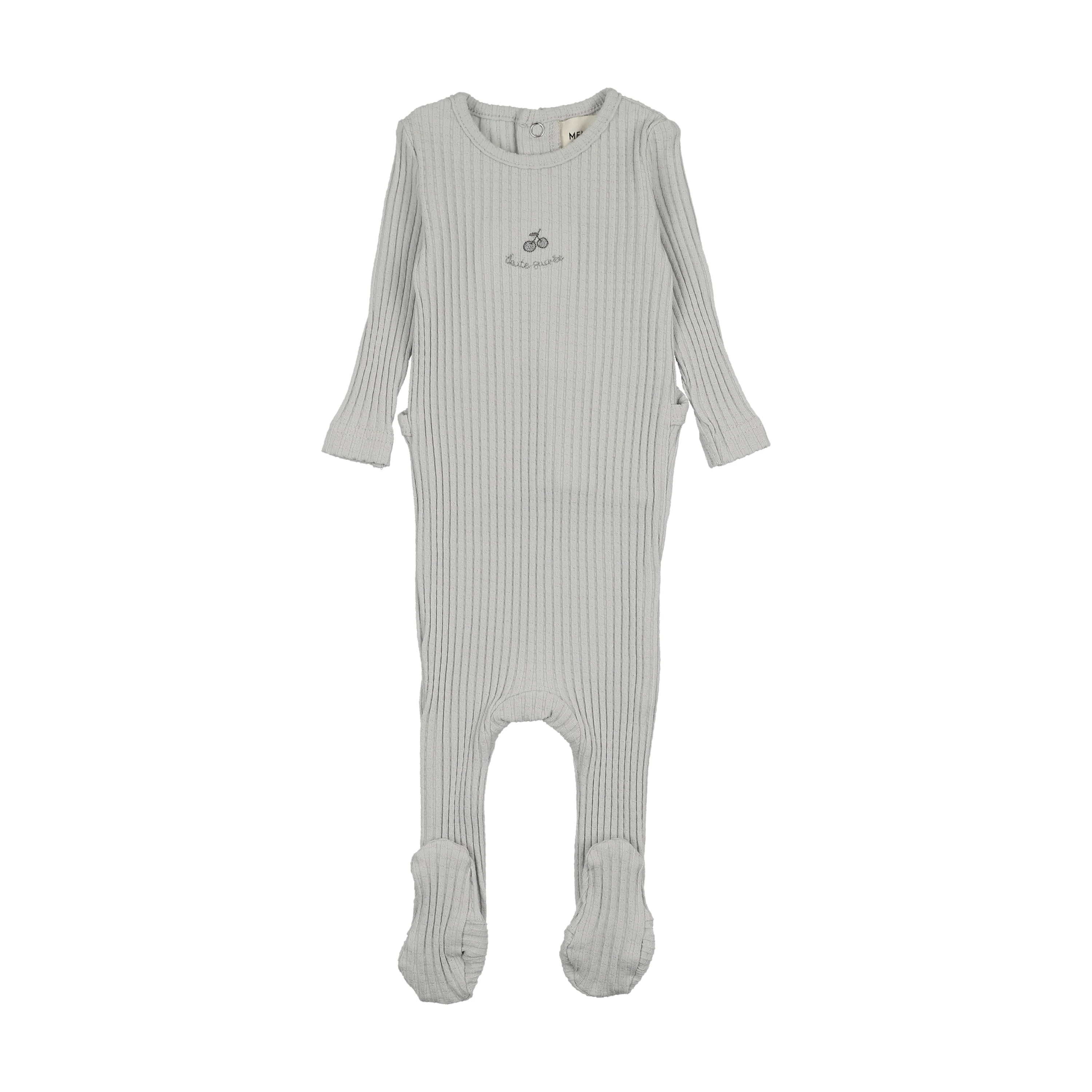 Mema Knits Embroidered Textured Footie - Gray Dawn / Blue Embroidery