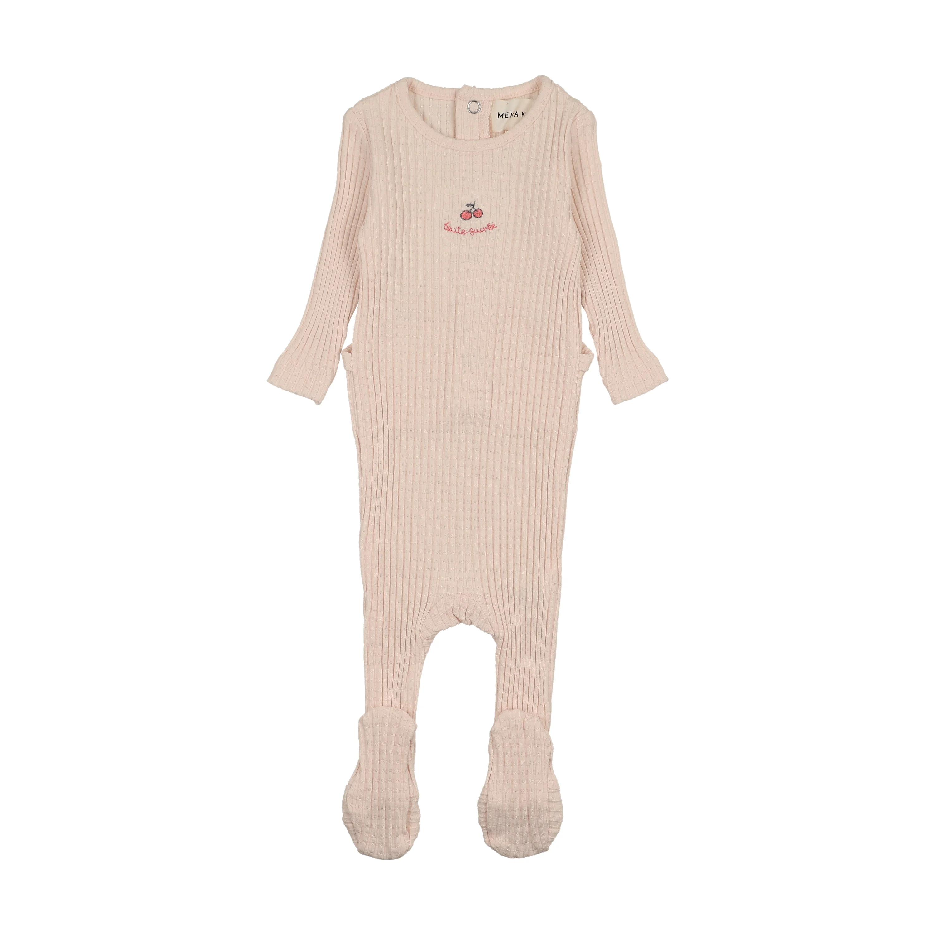 Mema Knits Embroidered Textured Footie - Pink / Rose Embroidery