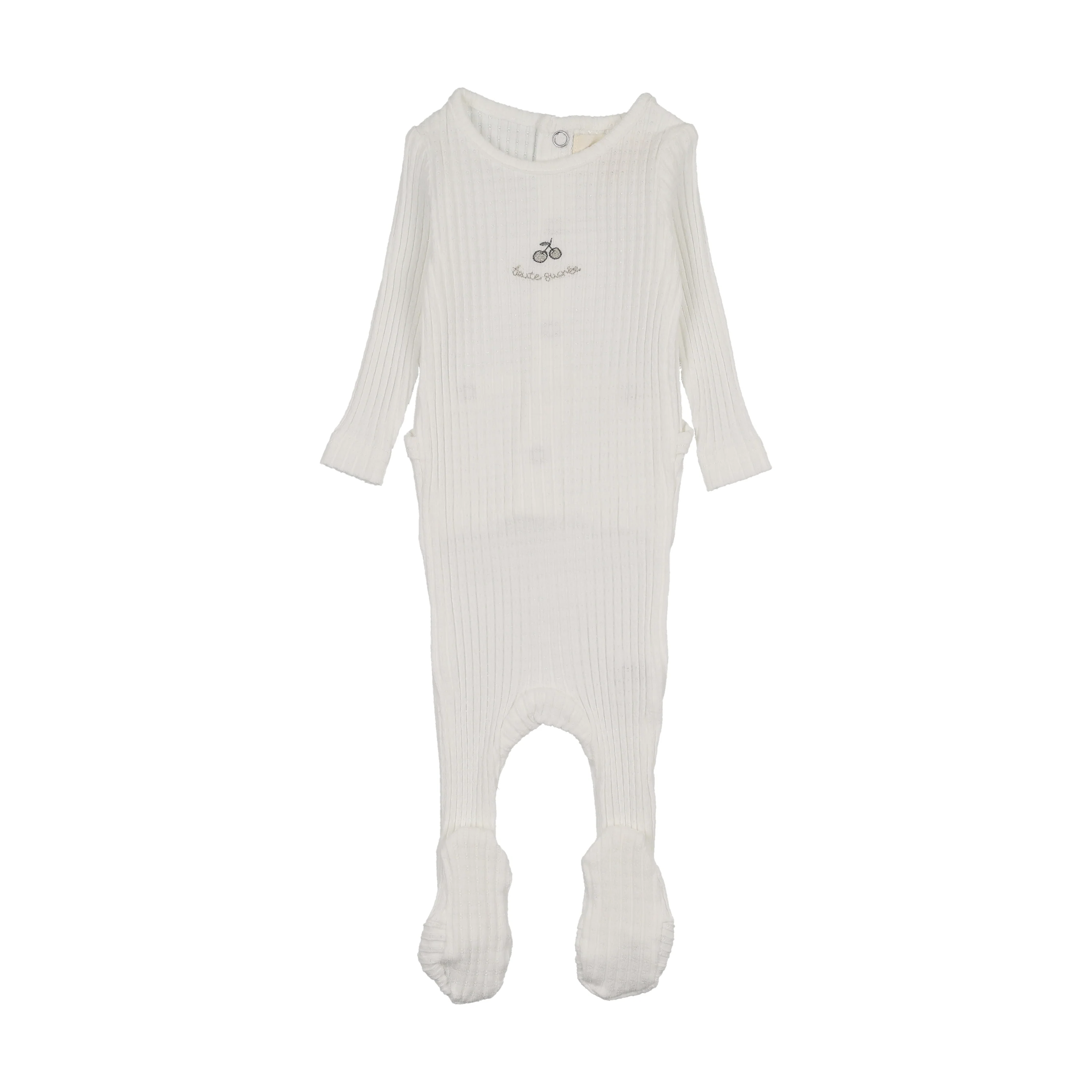 Mema Knits Embroidered Textured Footie - Winter White - Mink Embroidery