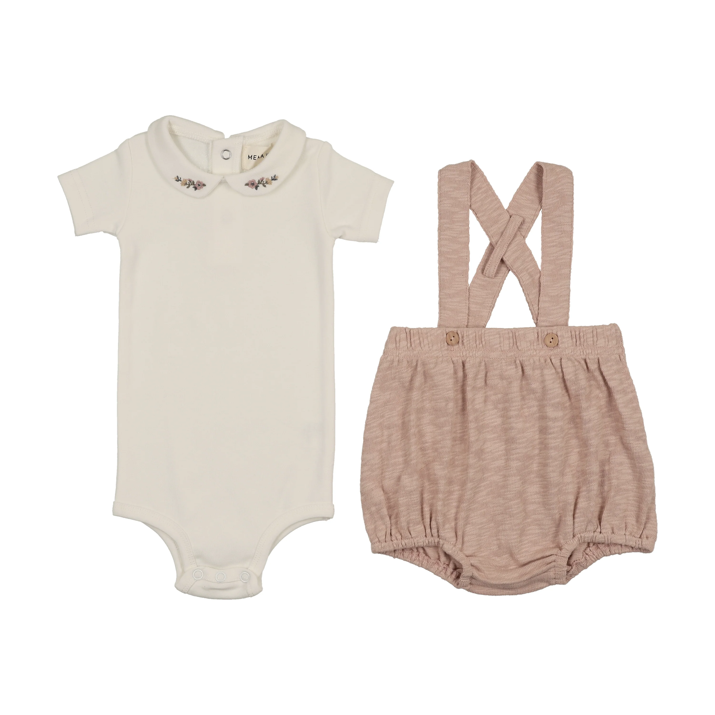 Mema Knits Short Overall + Onesie Set - Winter White / Pale Pink - Image 2