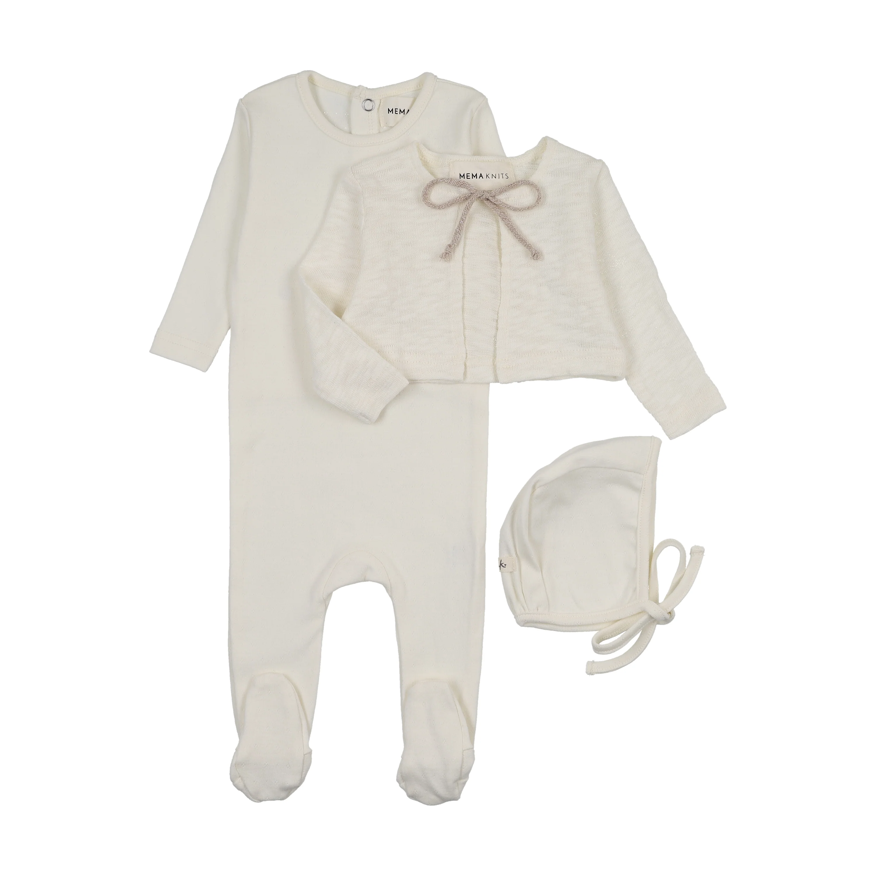 Mema Knits Pointelle Footie + Slub Cardigan + Bonnet - Ivory