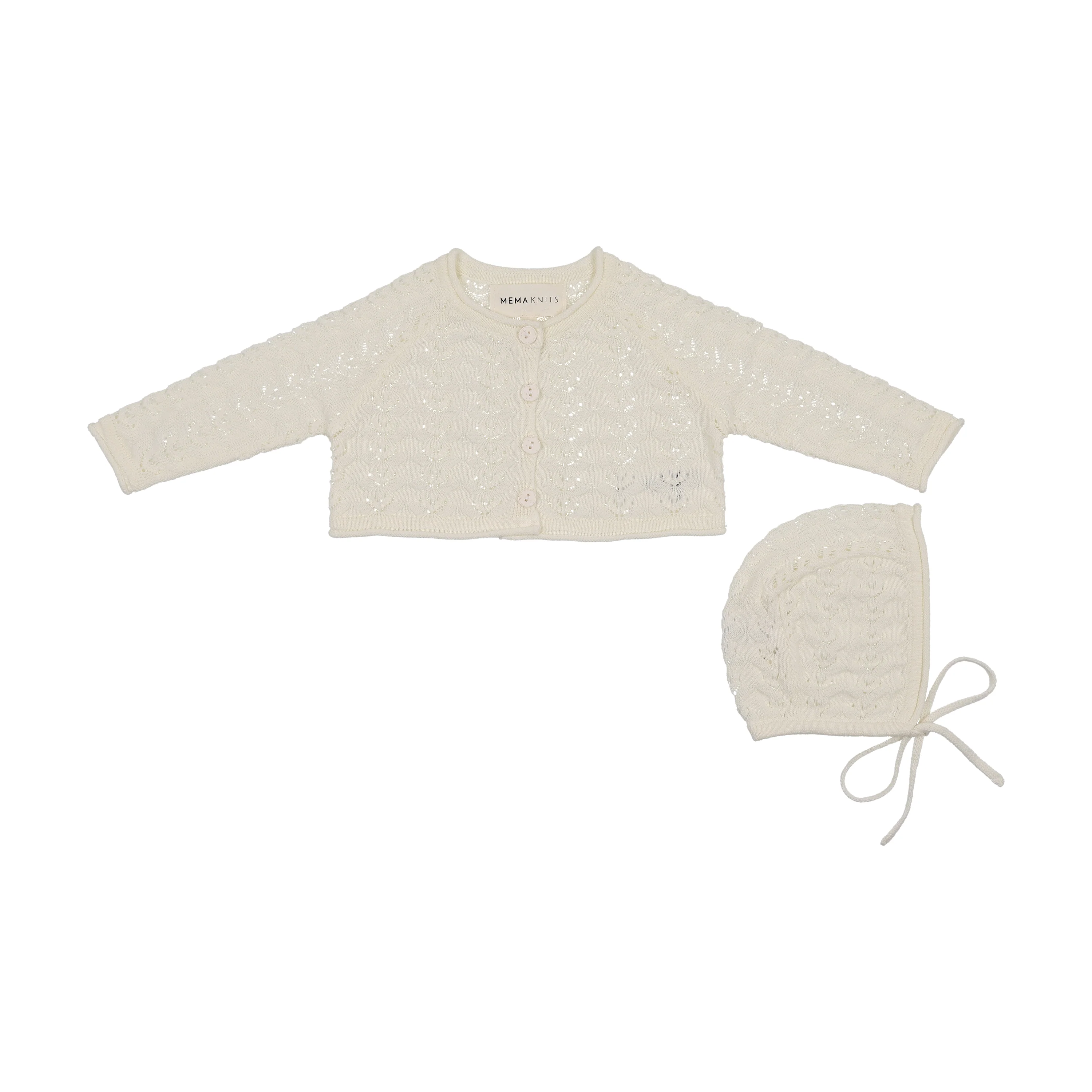 Mema Knits Pointelle Knit Crop Cardigan + Bonnet - Ivory