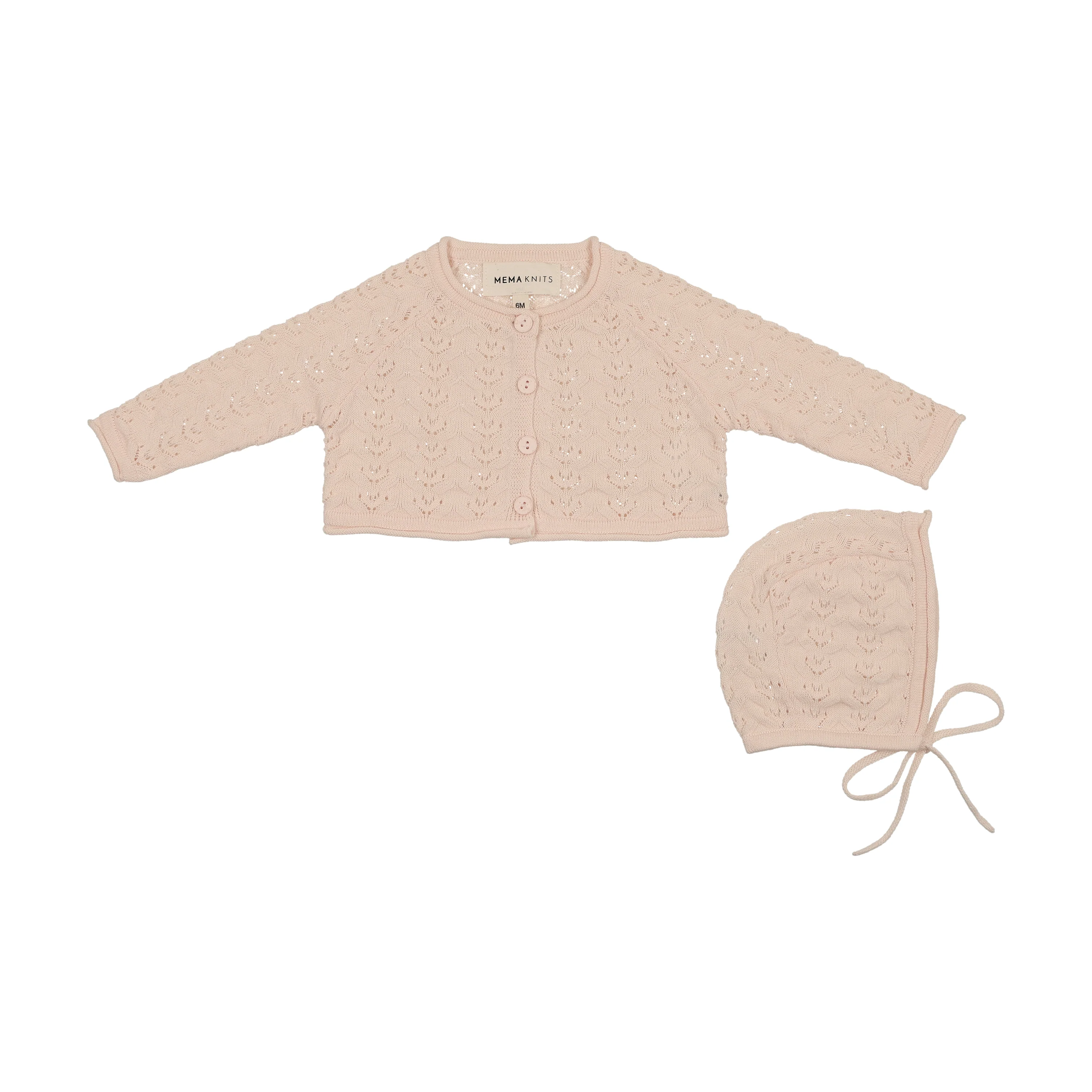 Mema Knits Pointelle Knit Crop Cardigan + Bonnet - Light Pink