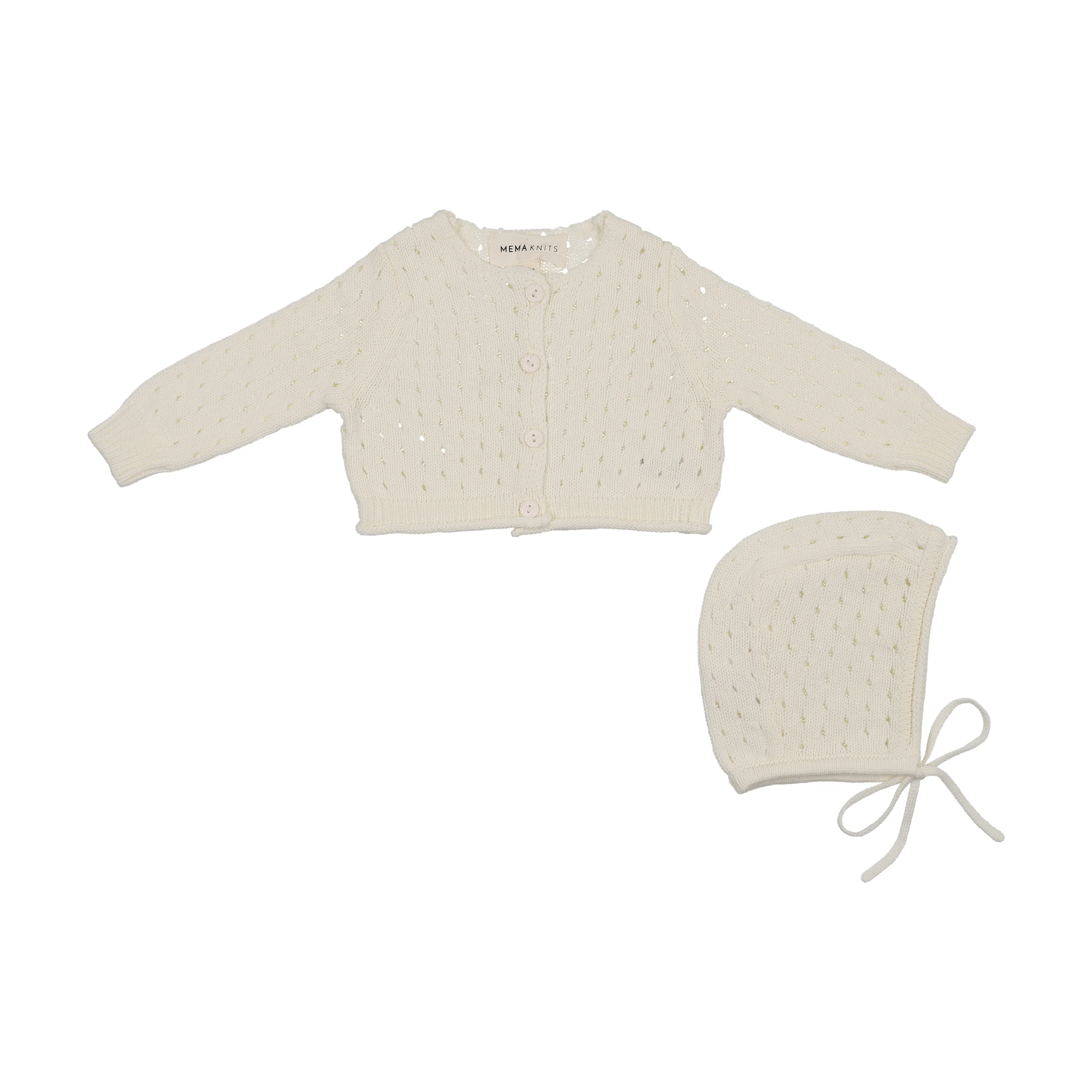 Mema Knits Pointelle Knit Cardigan + Bonnet - Ivory