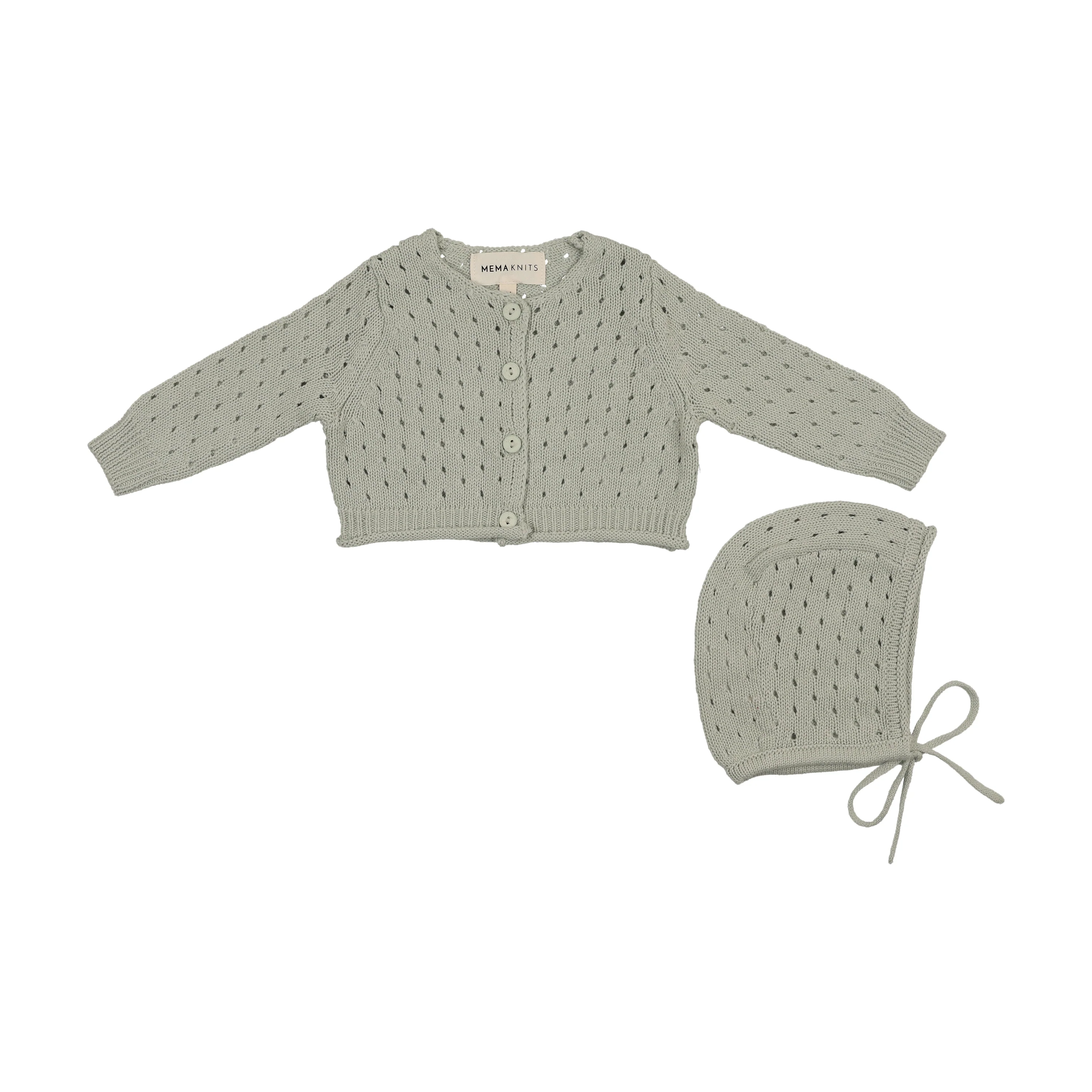 Mema Knits Pointelle Knit Cardigan + Bonnet - Mint