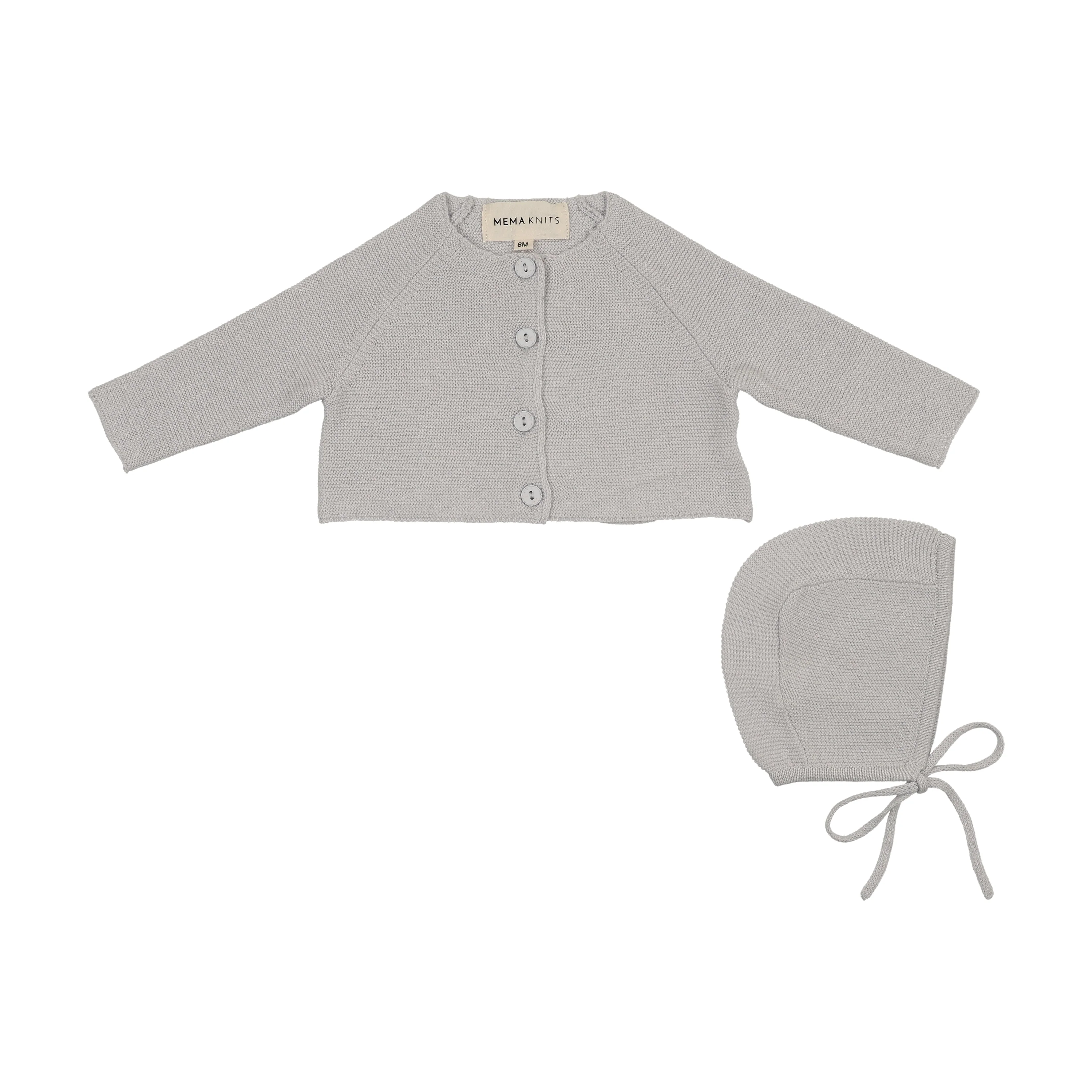 Mema Knits Flat Knit Cardigan + Bonnet - Gray Dawn