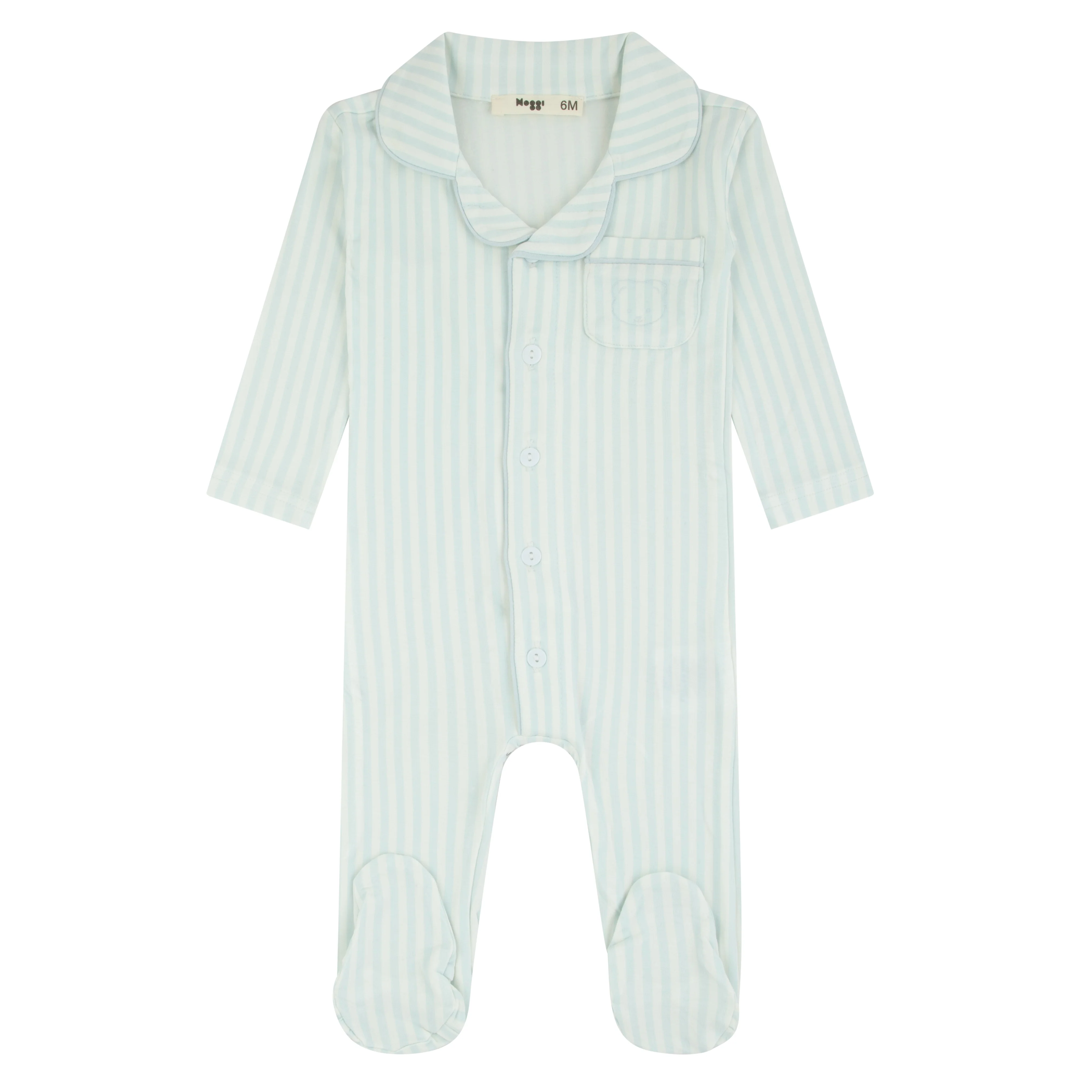 Noggi Blue/White Striped Button Down Footie