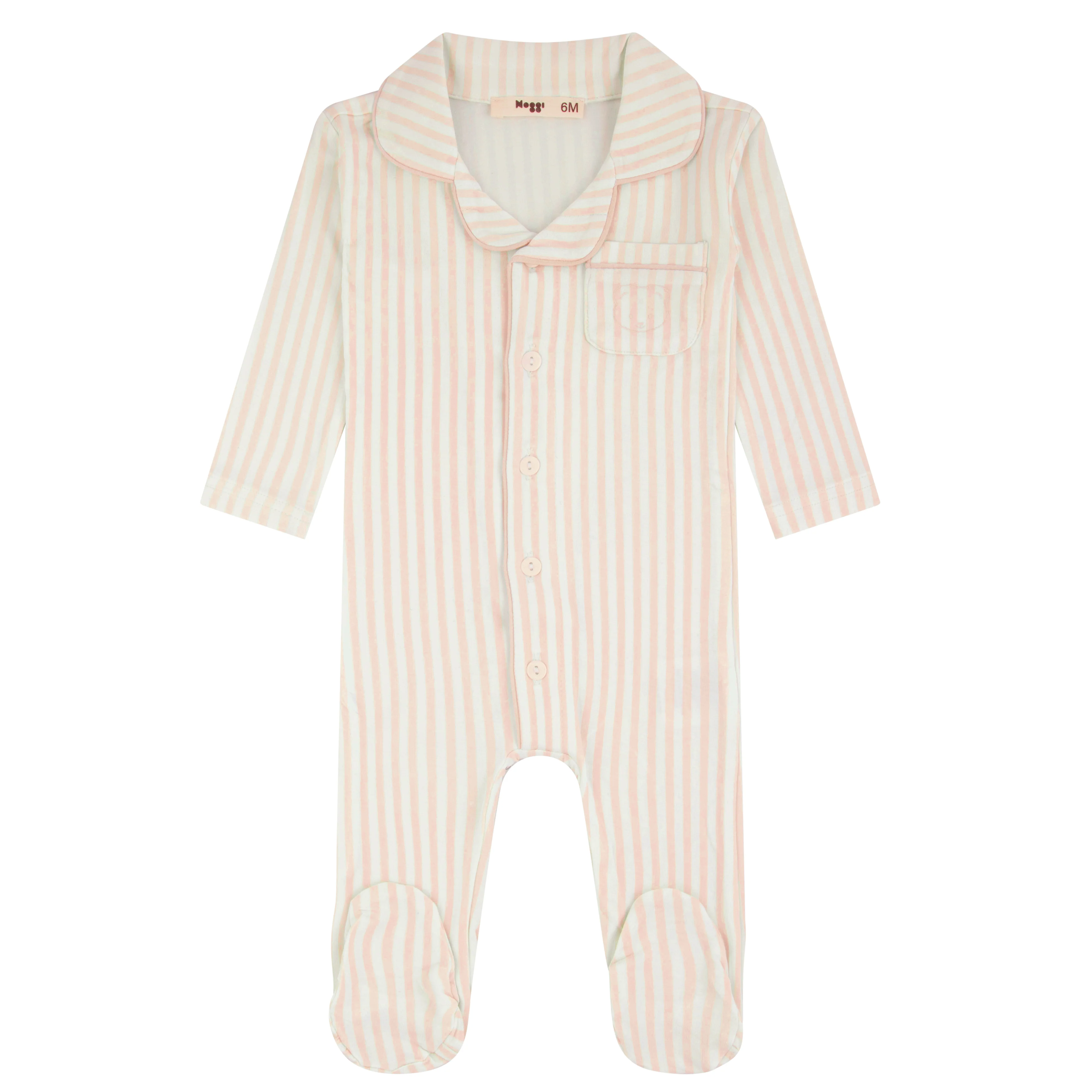 Noggi Pink/White Striped Button Down Footie