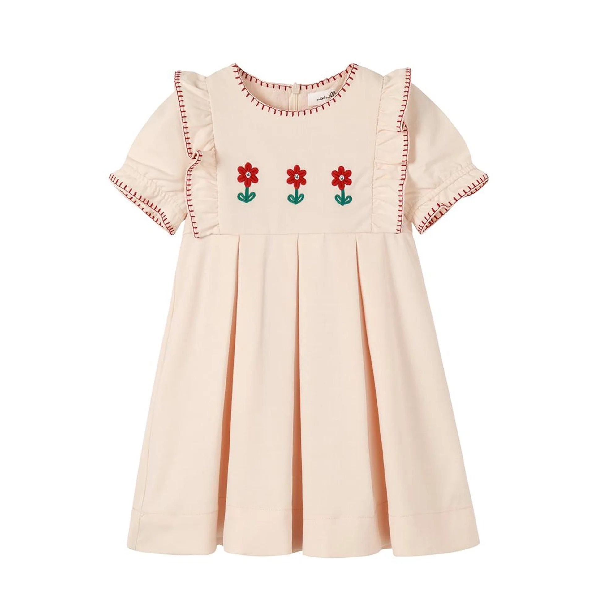 Nounelle Pleated Peach Embroidered Dress