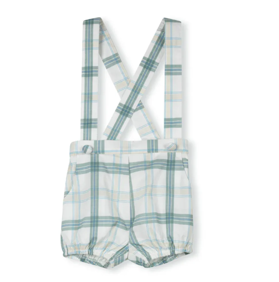 One Child Sage Mira Plaid Printed Overalls