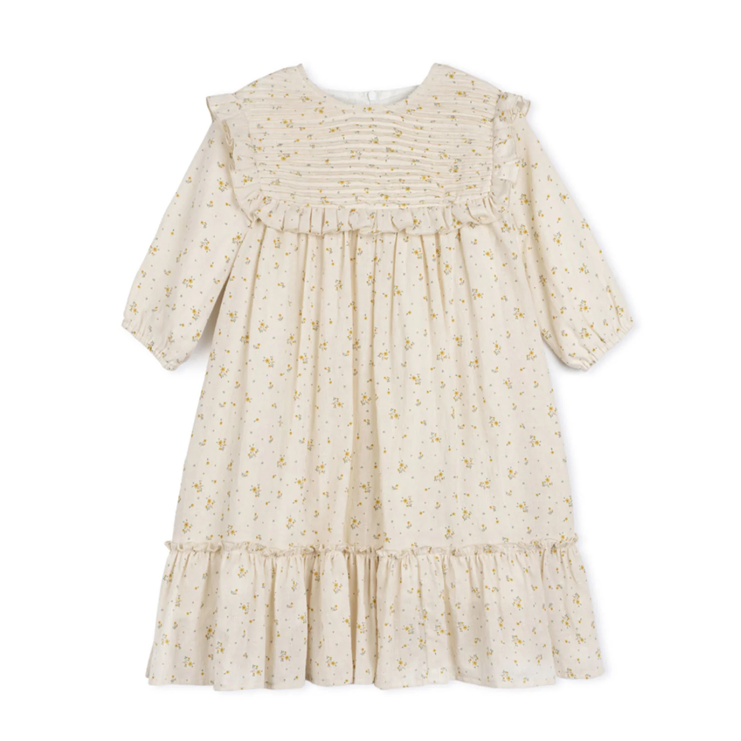One Child Textured Linen Floral Print Pleated Bib Dress