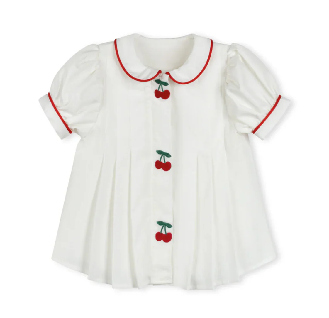 One Child White Tessa Embroidered Cherry Pleated Blouse