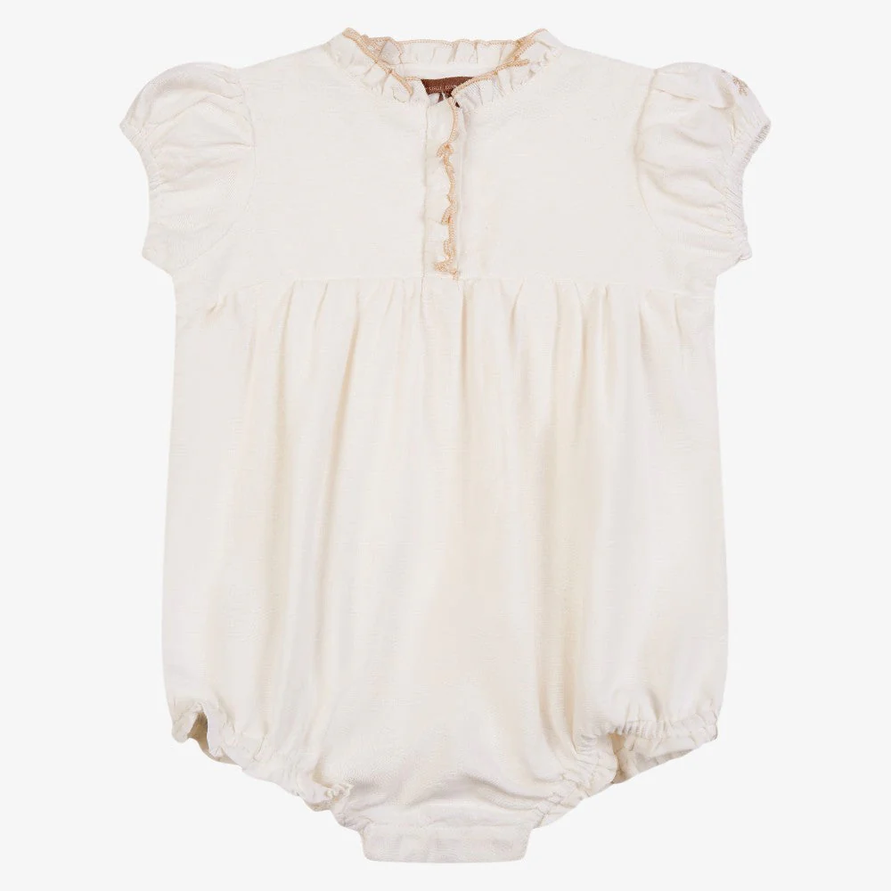 Orange Dimanche Off-Whit Linen Romper With Embroidery