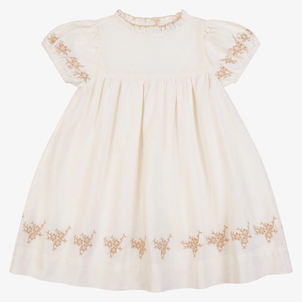 Orange Dimanche Off-White Linen Dress With Embroidery