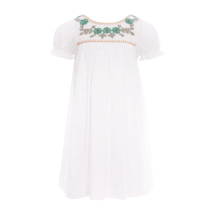 Pernille Embroidered Blue Flowers White Dress