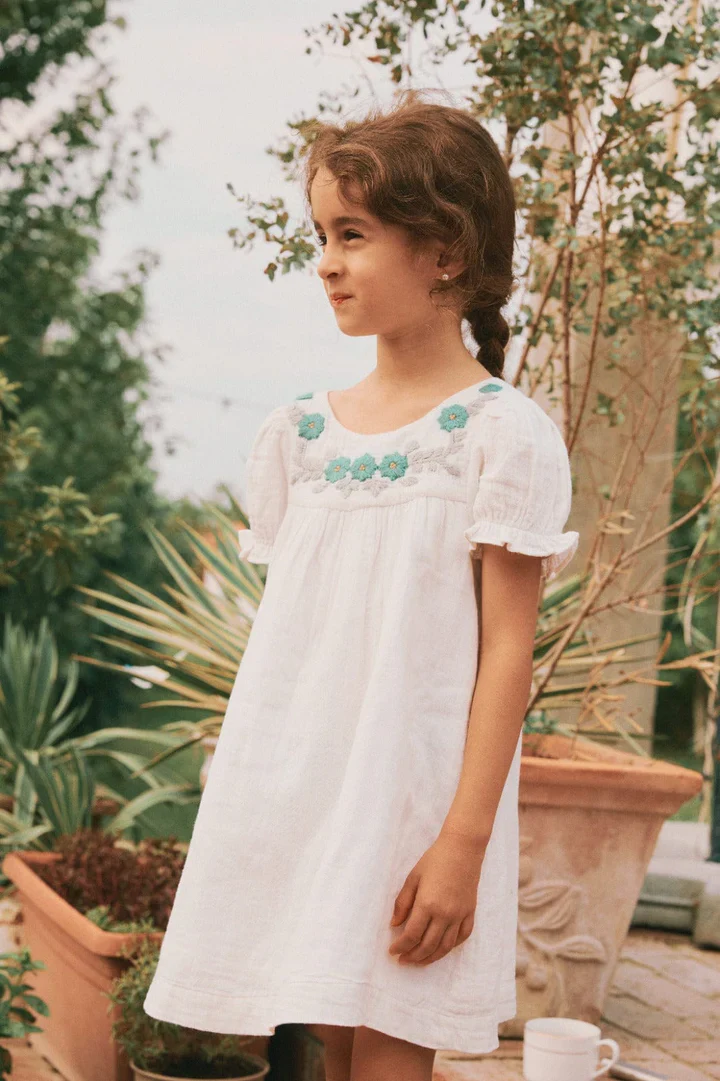 Pernille Embroidered Blue Flowers White Dress - Image 2