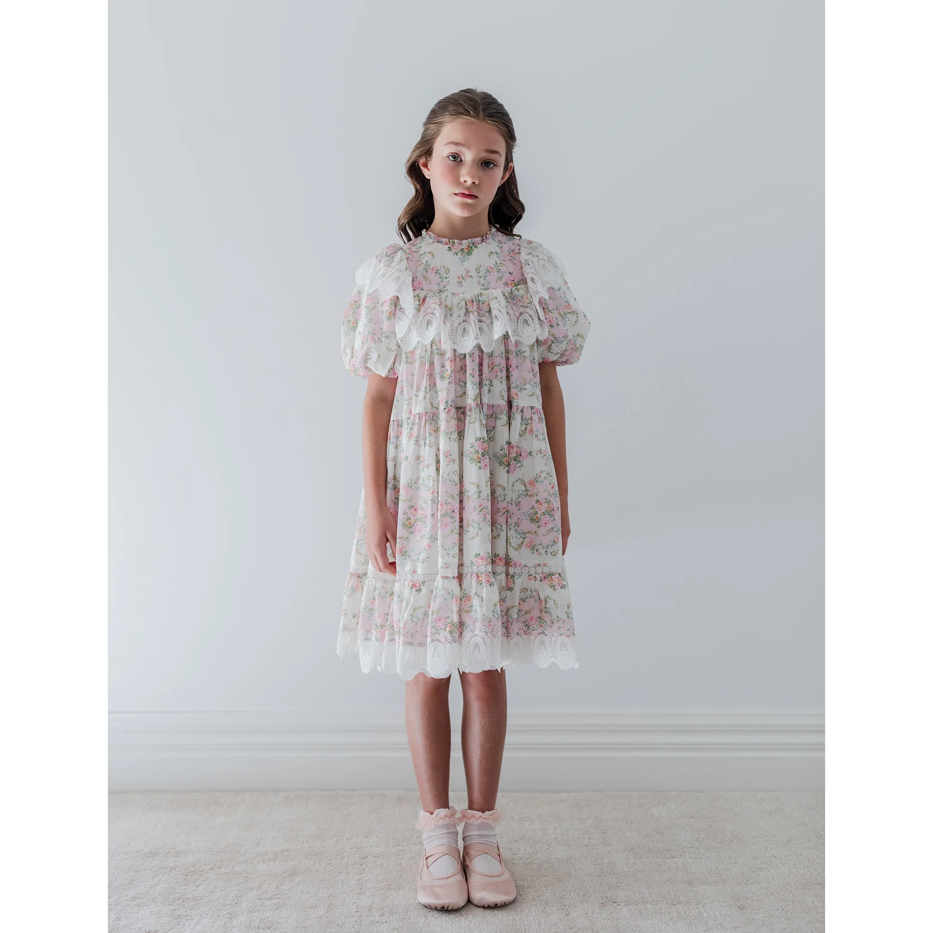 Petite Amalie Elbow Slv Vintage Wallpaper Lace Ruffle Dress 1430