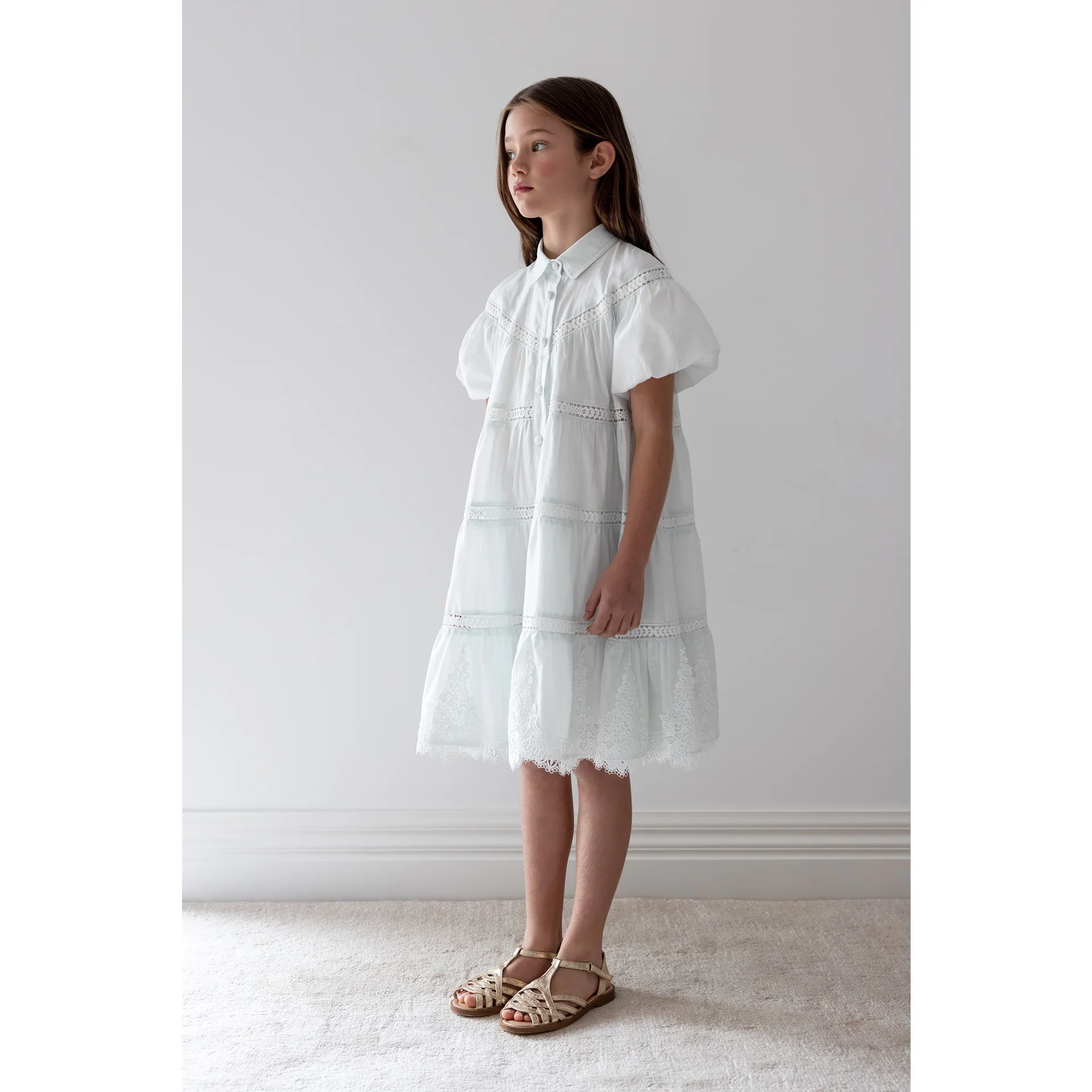 Petite Amalie Elbow Slv Whisper Blue Lace Hem Shirt Dress - Image 3