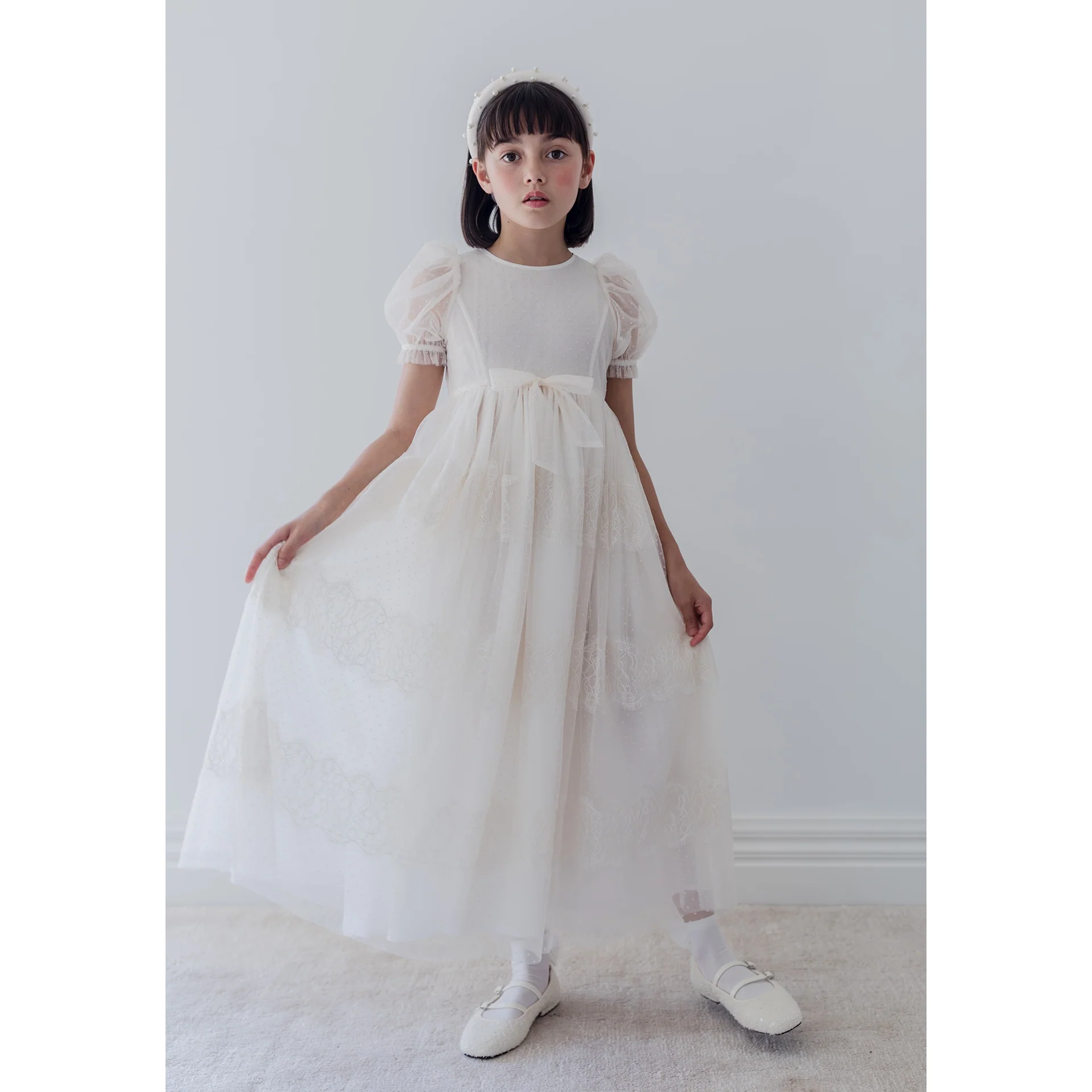 Petite Amalie Cream Flocked Spot Tulle Dress With French Lace 1433