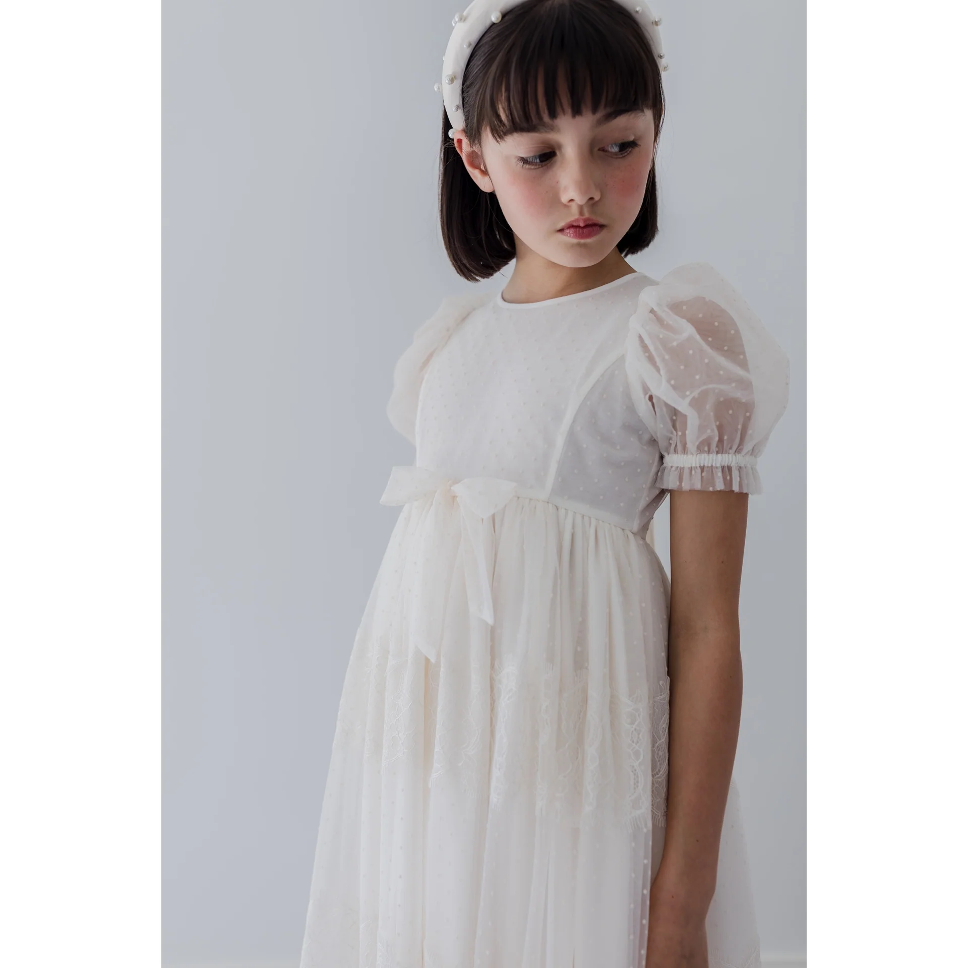 Petite Amalie Cream Flocked Spot Tulle Dress With French Lace 1433 - Image 3
