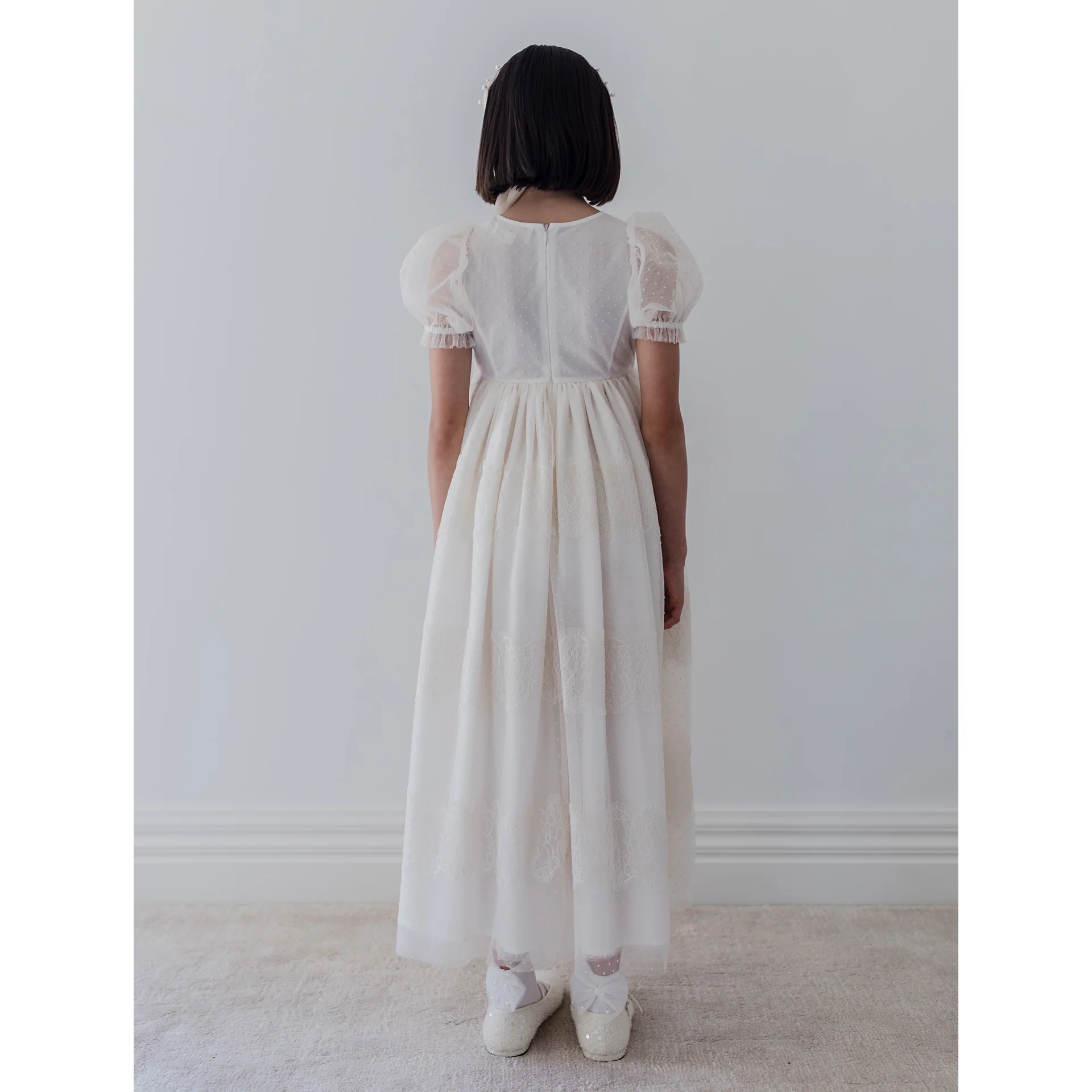 Petite Amalie Cream Flocked Spot Tulle Dress With French Lace 1433 - Image 4