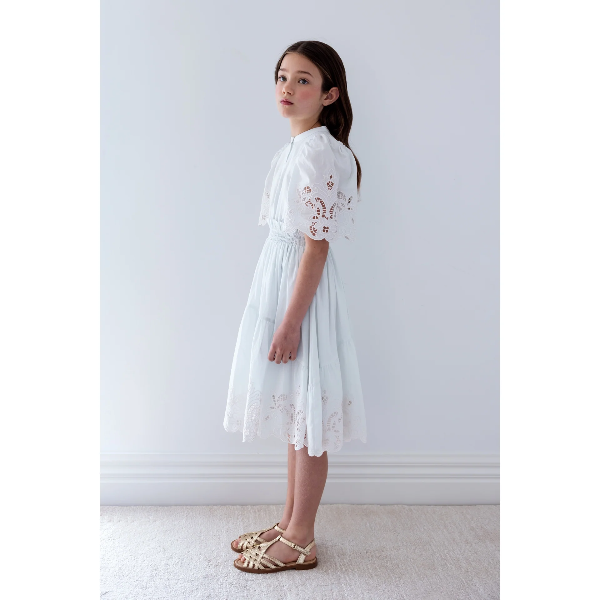 Petite Amalie Light Blue/Ivory Shirred Embroidered Dress - Image 2