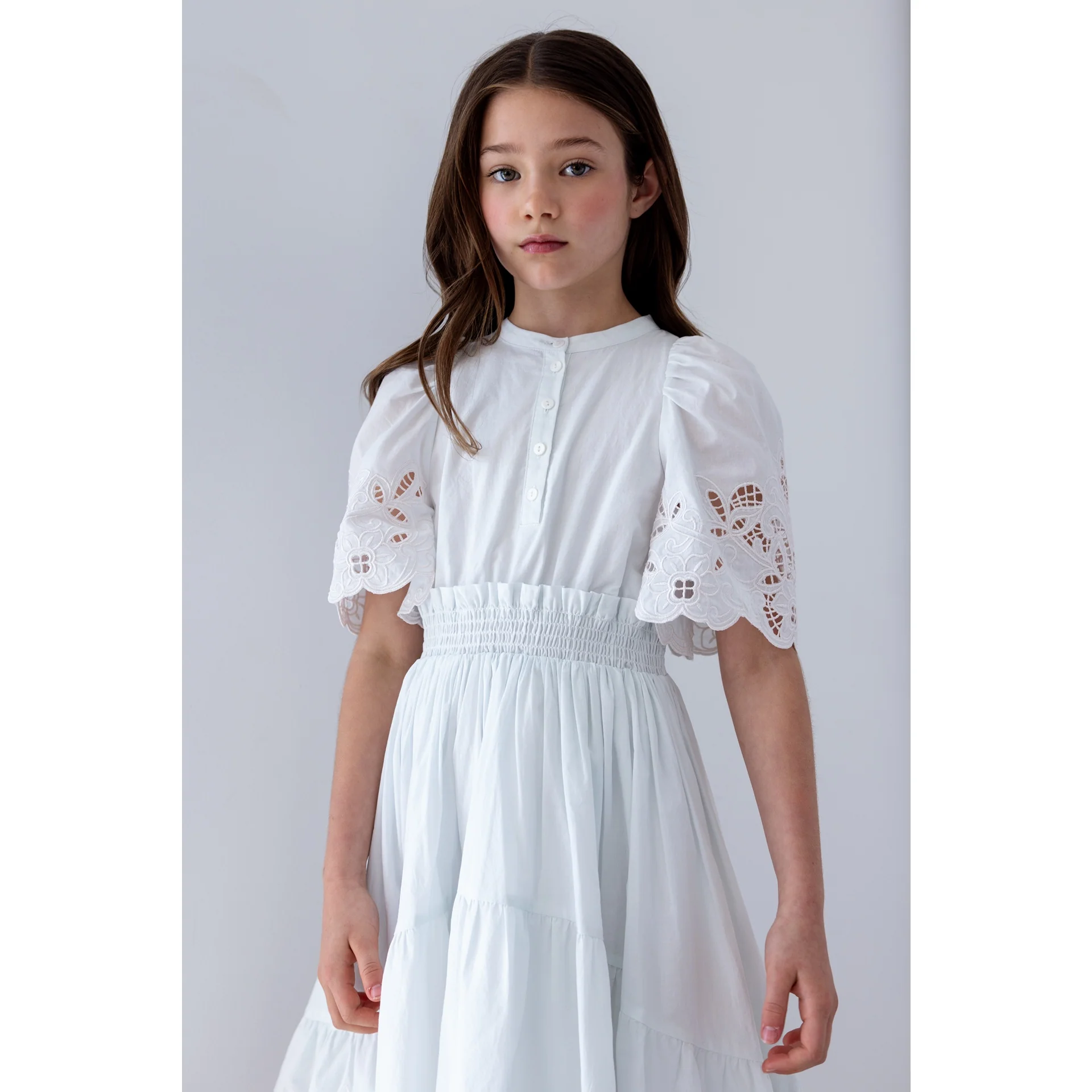 Petite Amalie Light Blue/Ivory Shirred Embroidered Dress - Image 3