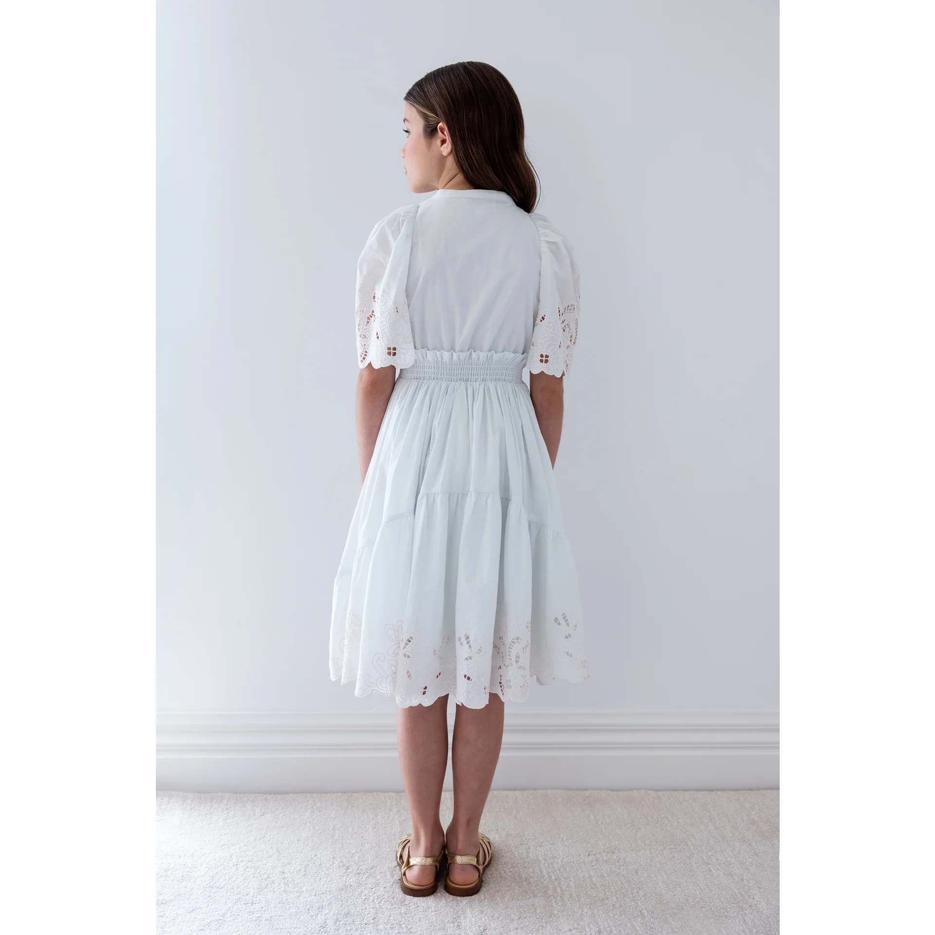 Petite Amalie Light Blue/Ivory Shirred Embroidered Dress - Image 4