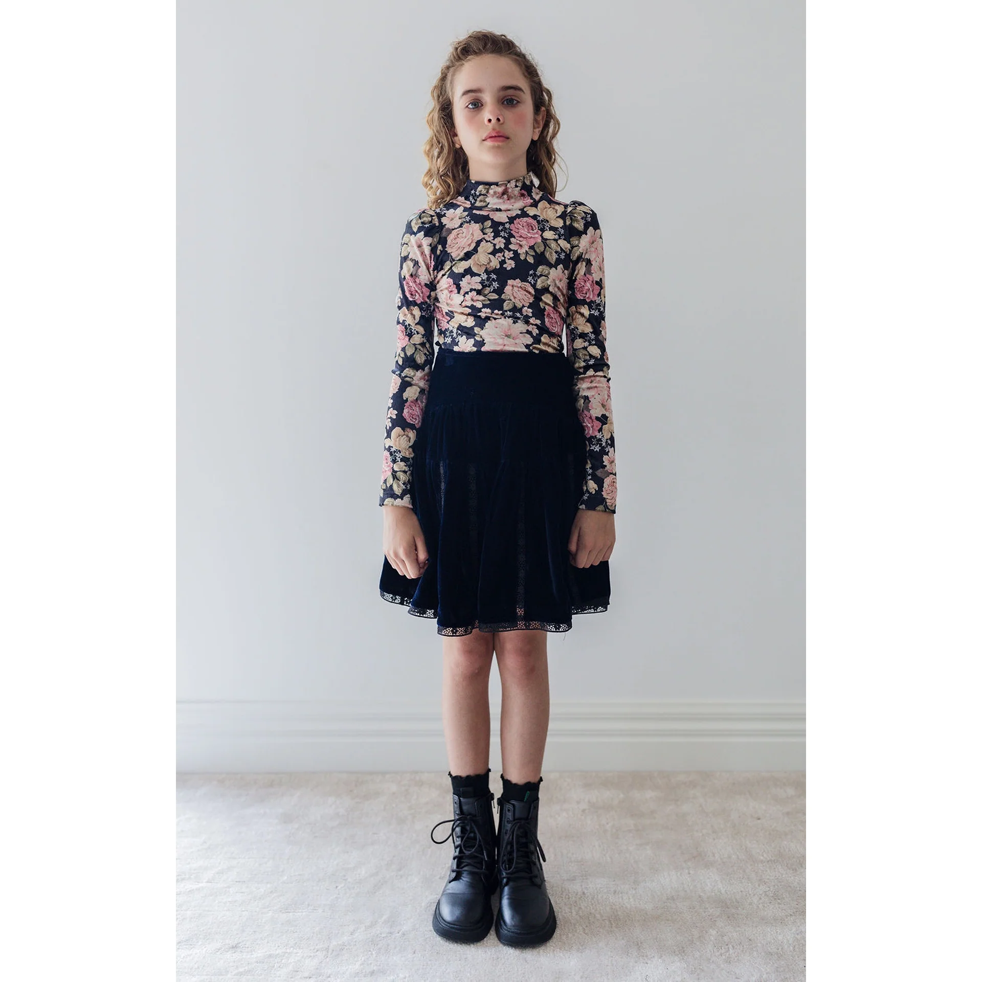 Petite Amalie Navy/Black Vertical Lace Velvet Skirt (3124) - Image 2