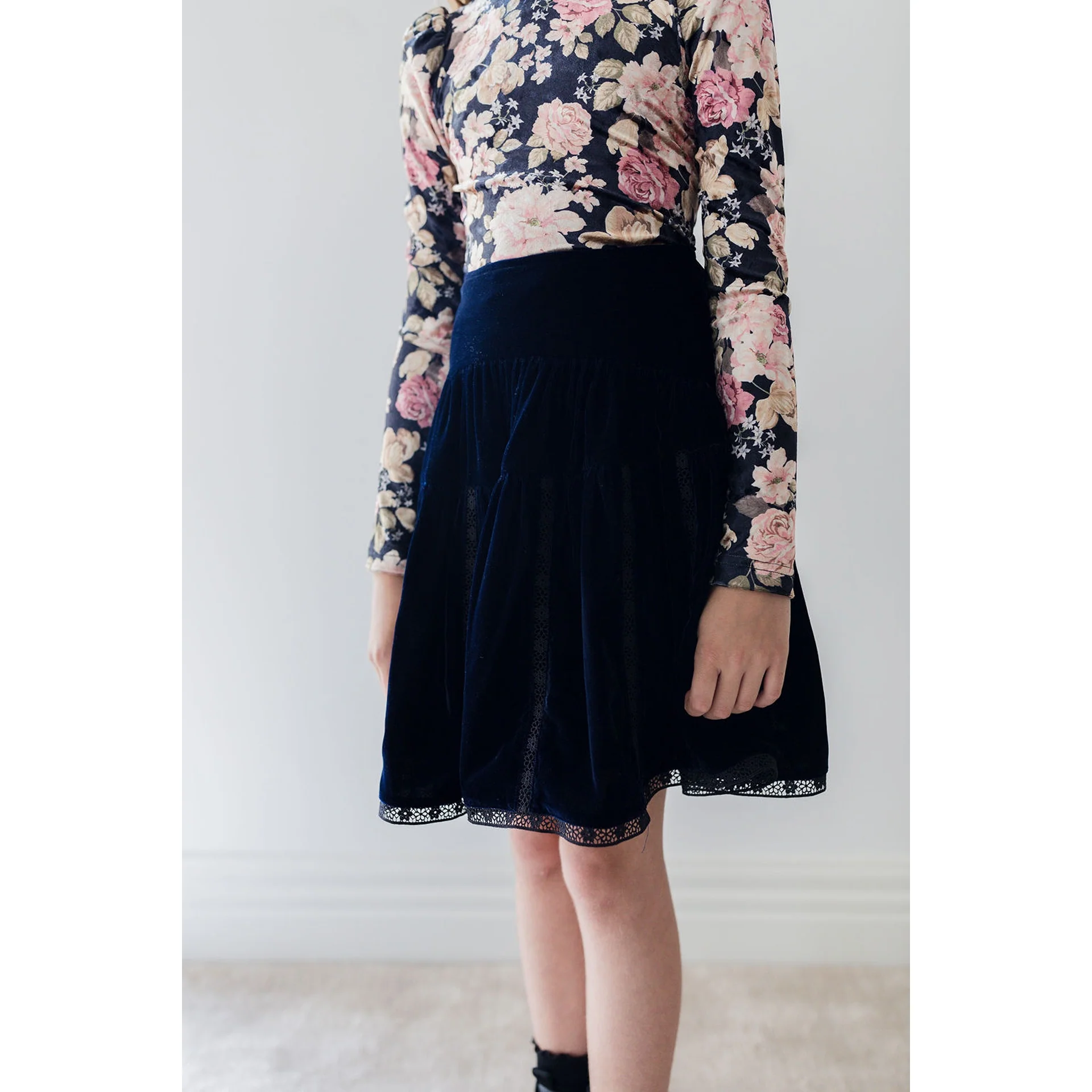 Petite Amalie Navy/Black Vertical Lace Velvet Skirt (3124) - Image 3