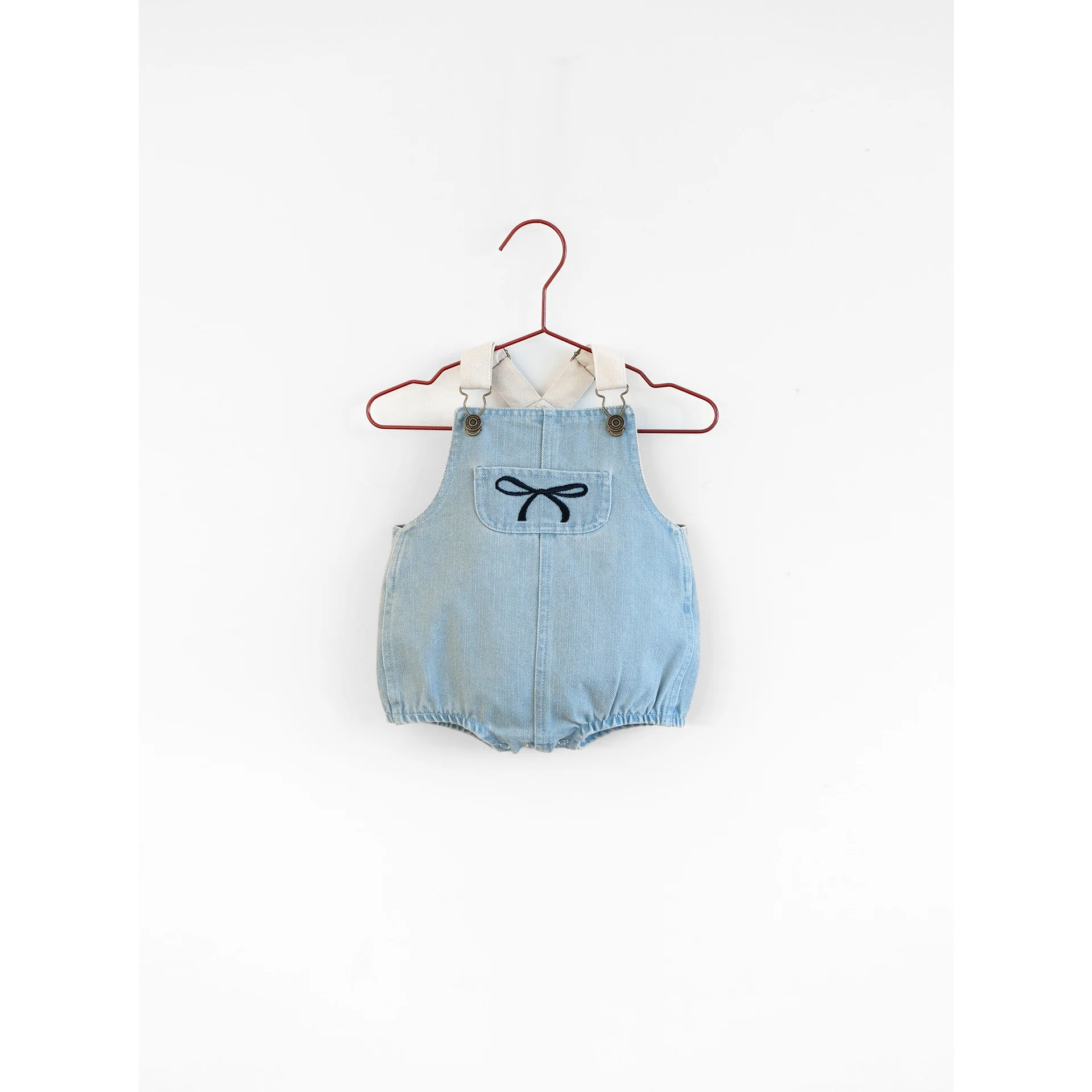 Please Mom Denim Bow Barrel Romper
