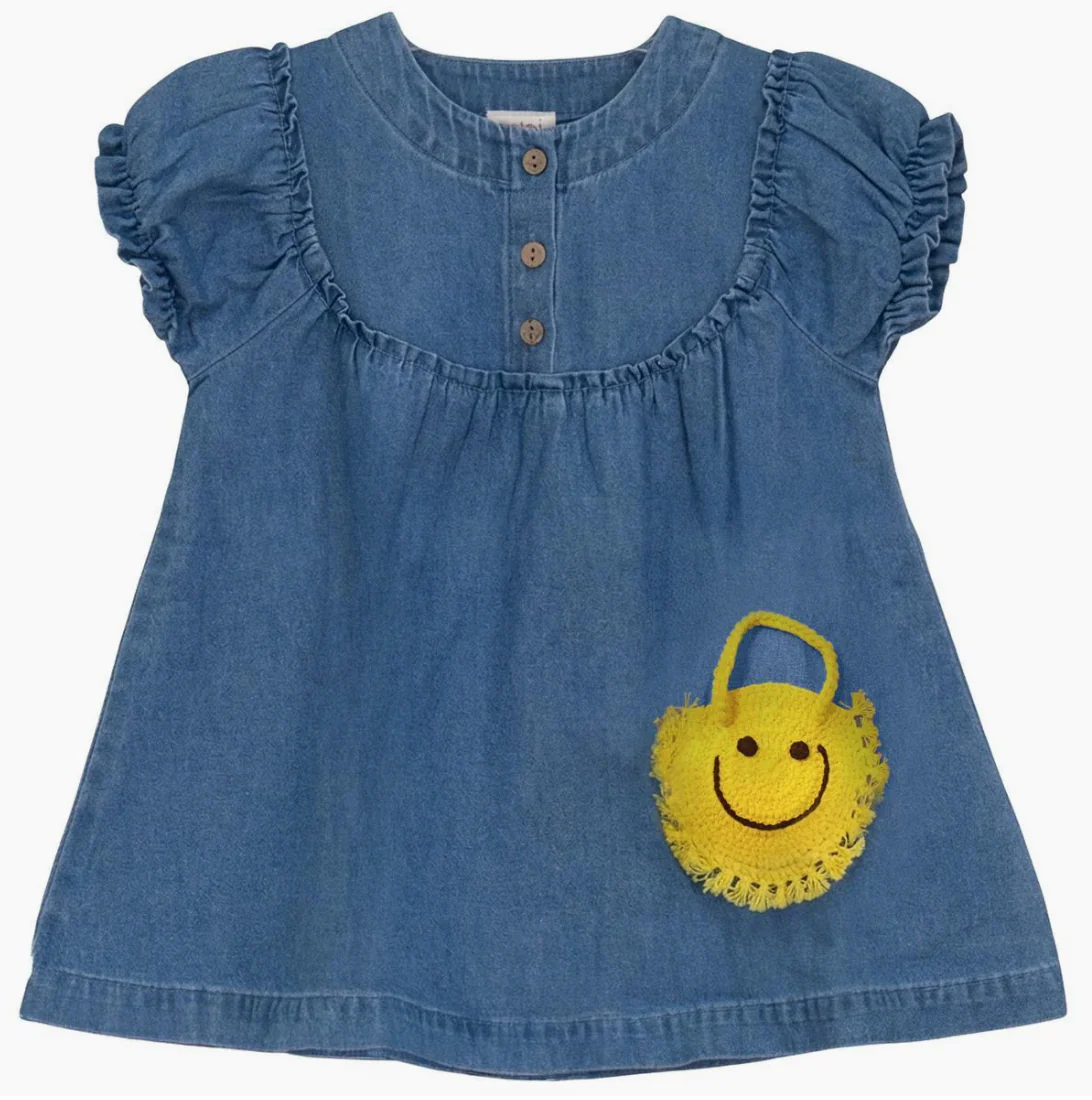 Pompomme Denim Crochet Applique Denim Dress P7318